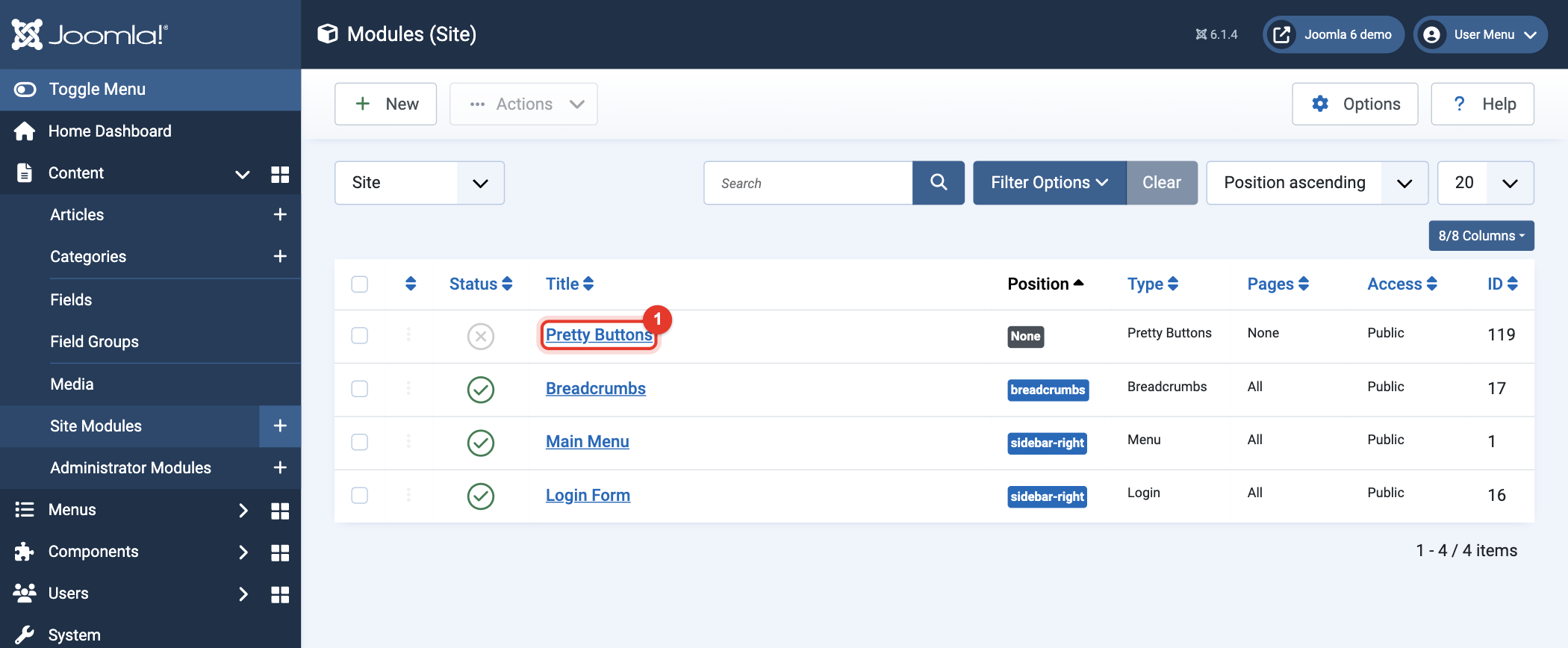 Joomla 6 Site Modules with the new Pretty Buttons module