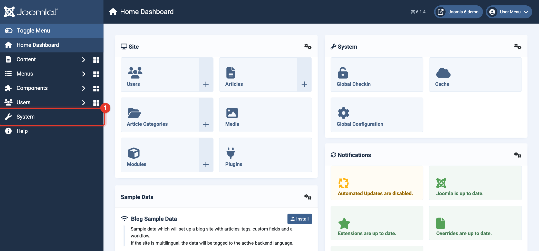 Joomla 6 Home Dashboard, menu item System