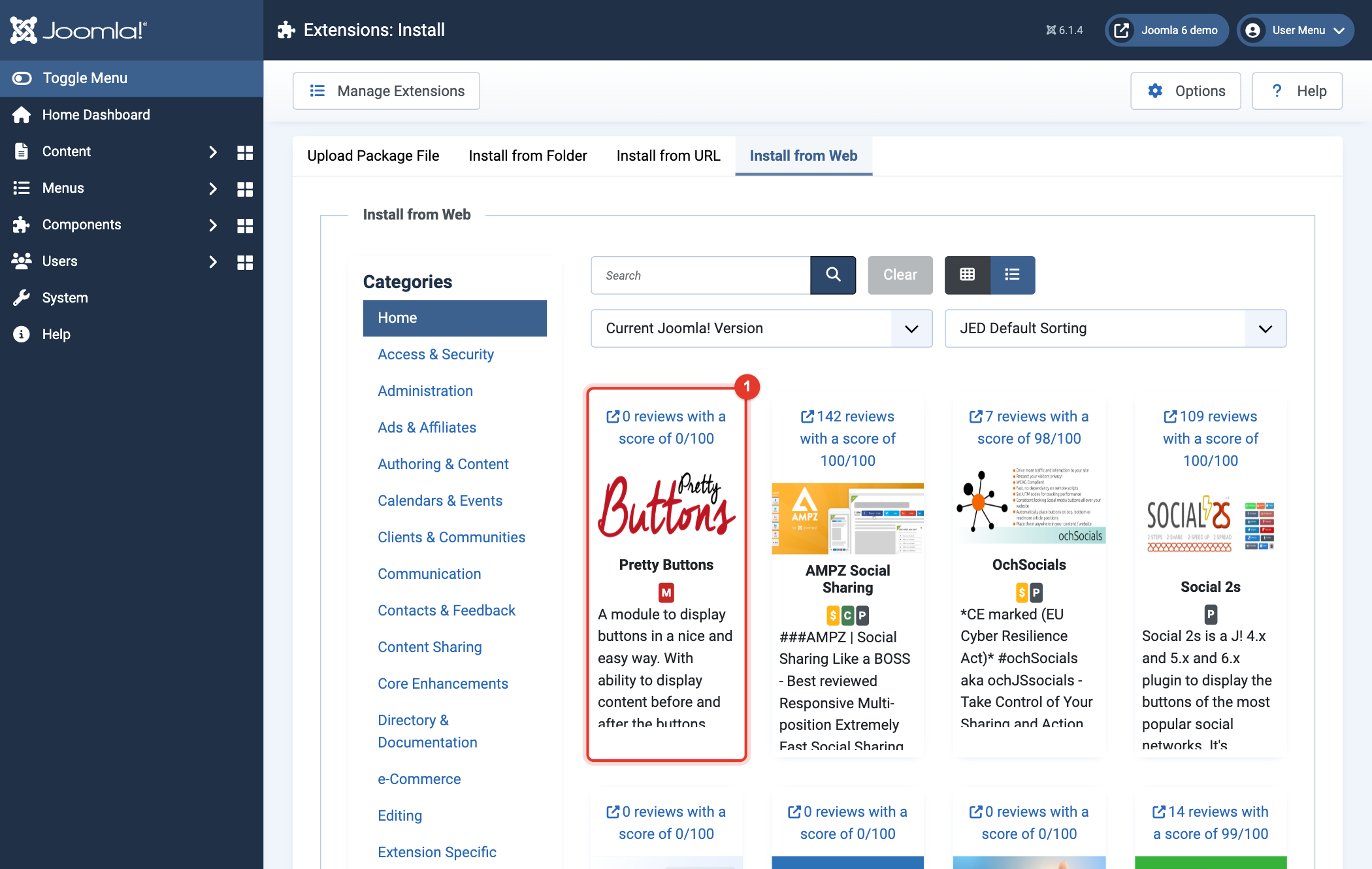 Joomla 6 Install from Web, Pretty Buttons in the results