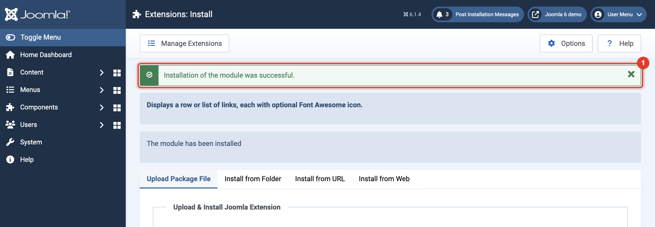 Joomla 6 message: installation of the module was successful