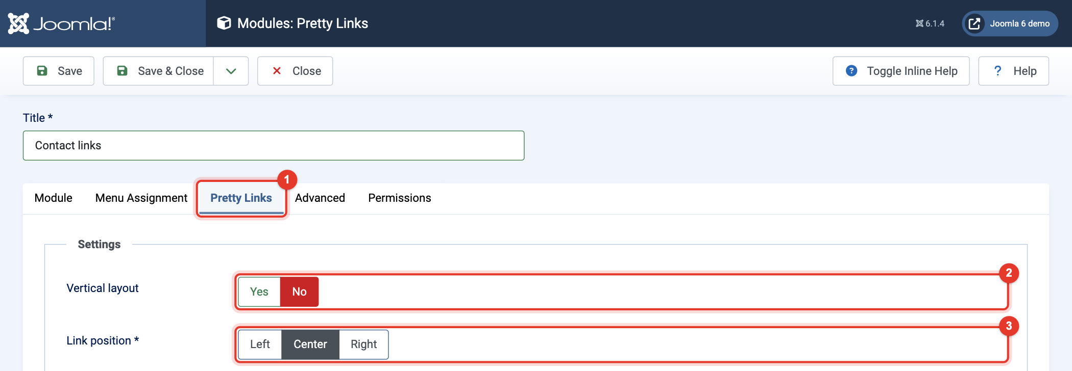Module Pretty Links: settings on the tab Pretty Links