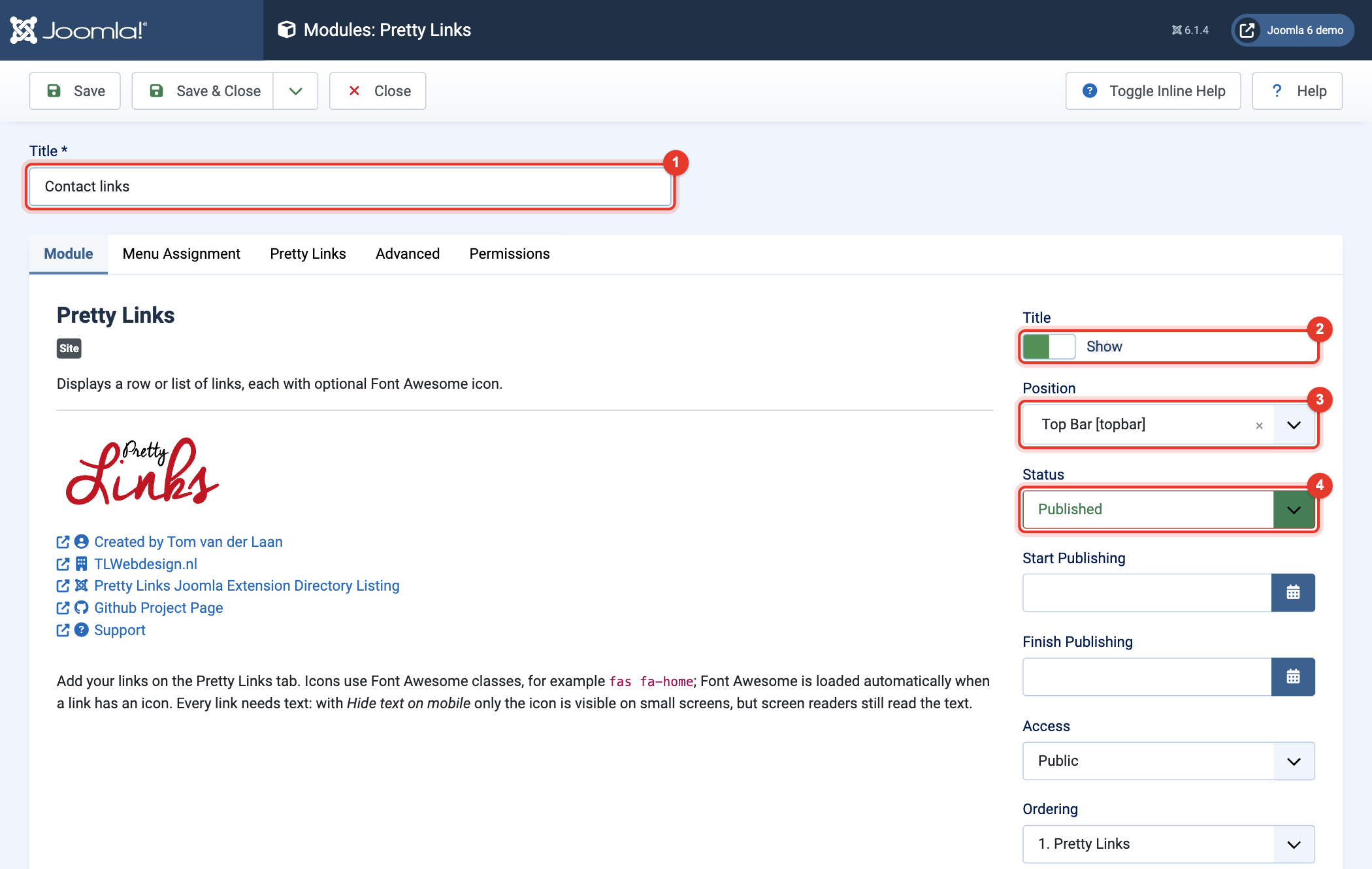 Module Pretty Links: title, position and status