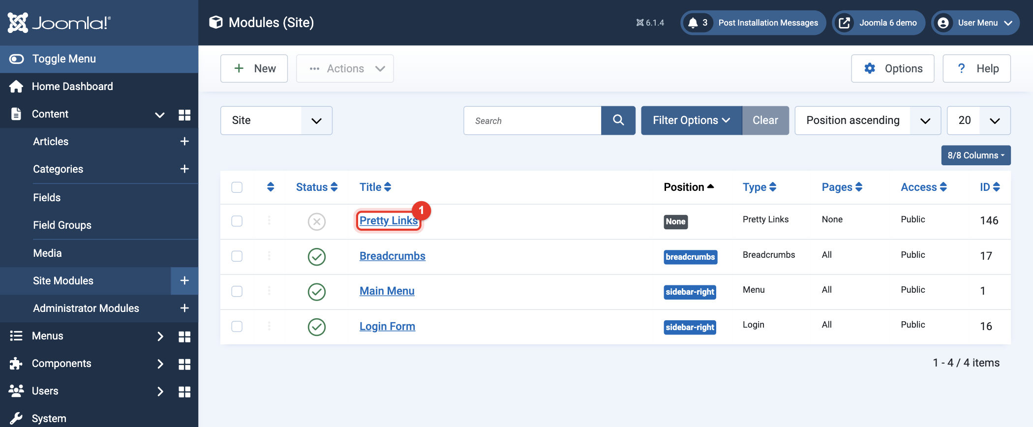 Joomla 6 Site Modules with the new module Pretty Links