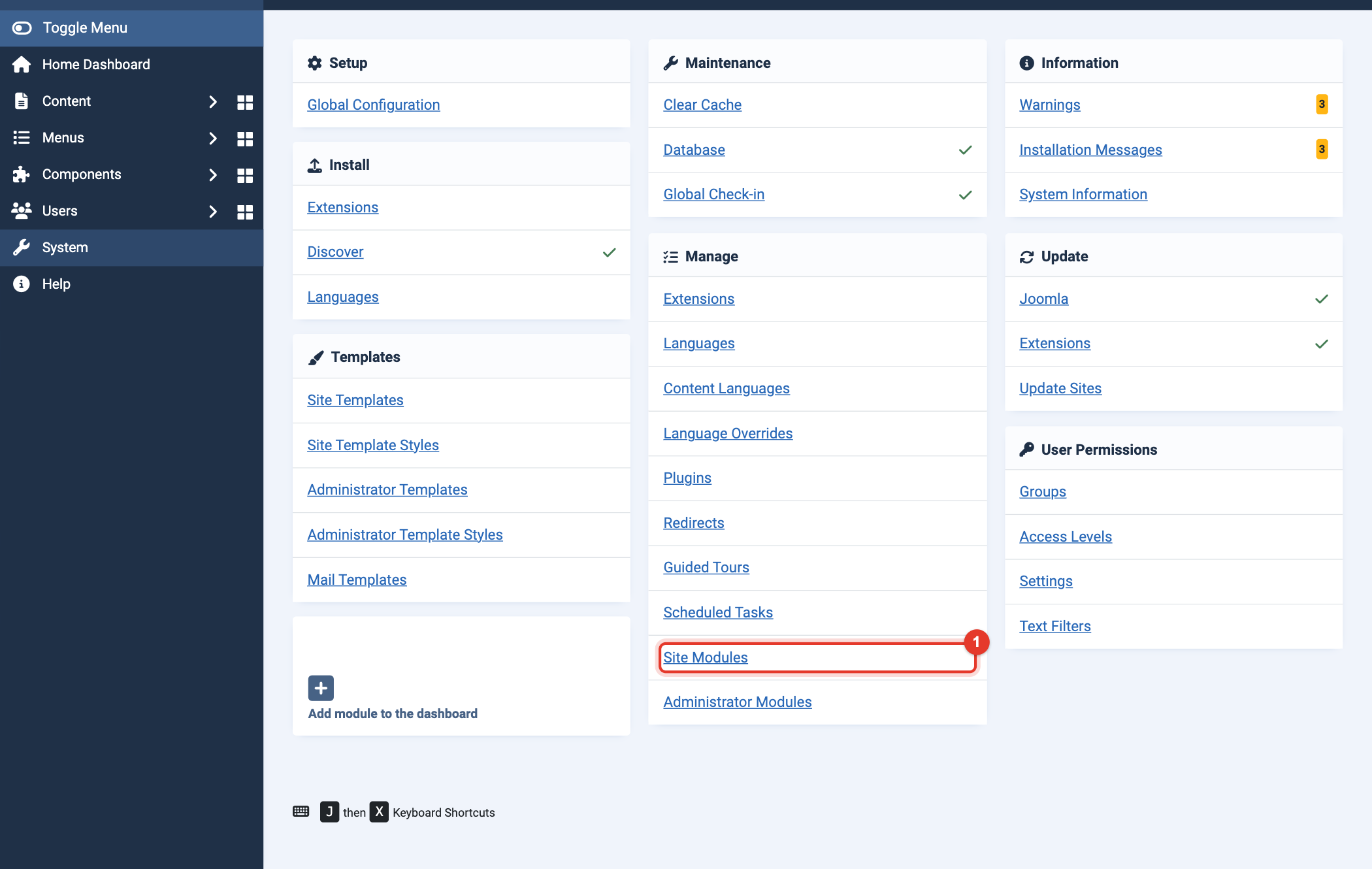 Joomla 6 System Dashboard, Manage, Site Modules