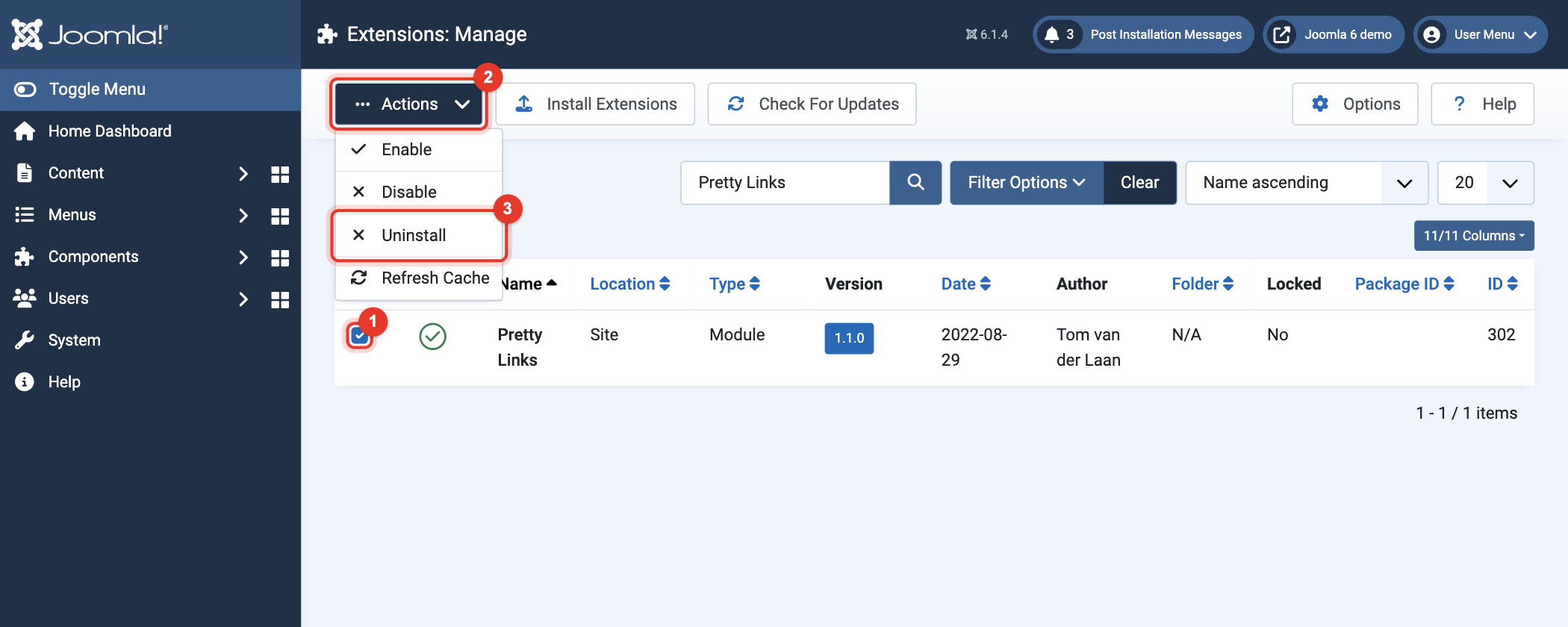 Joomla 6 Extensions: Manage, Actions, Uninstall