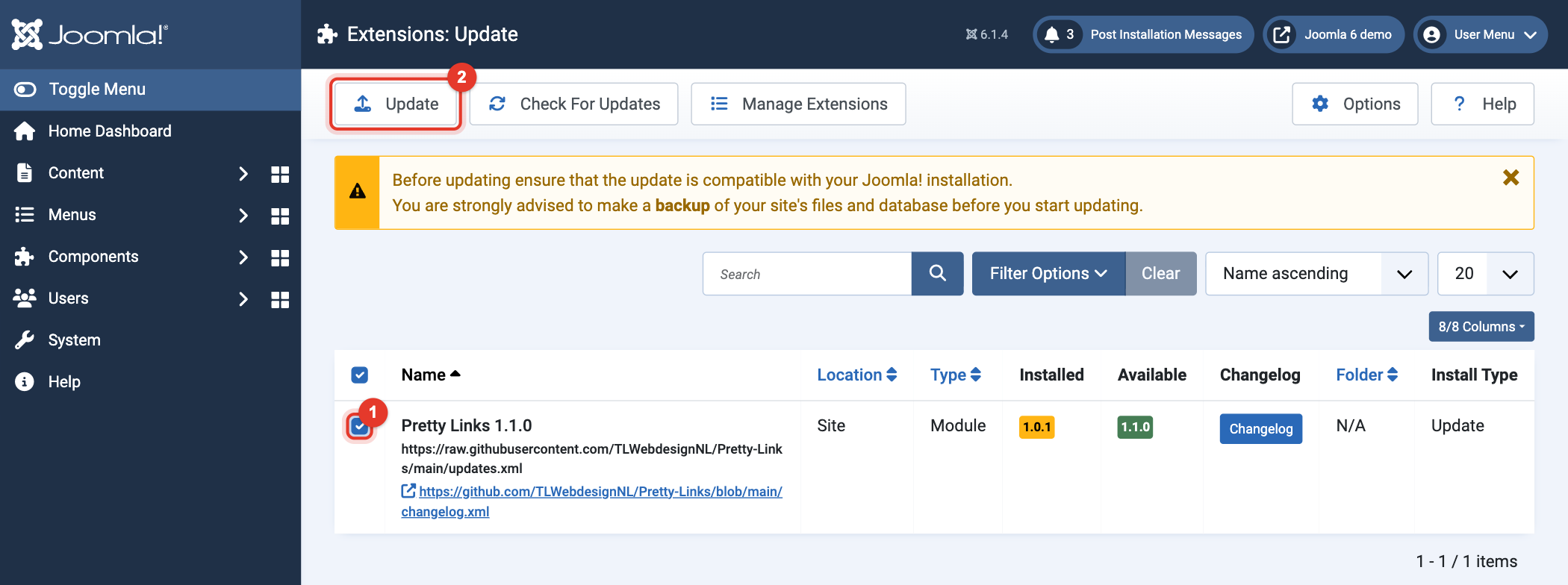 Joomla 6 Extensions: Update with Pretty Links ticked