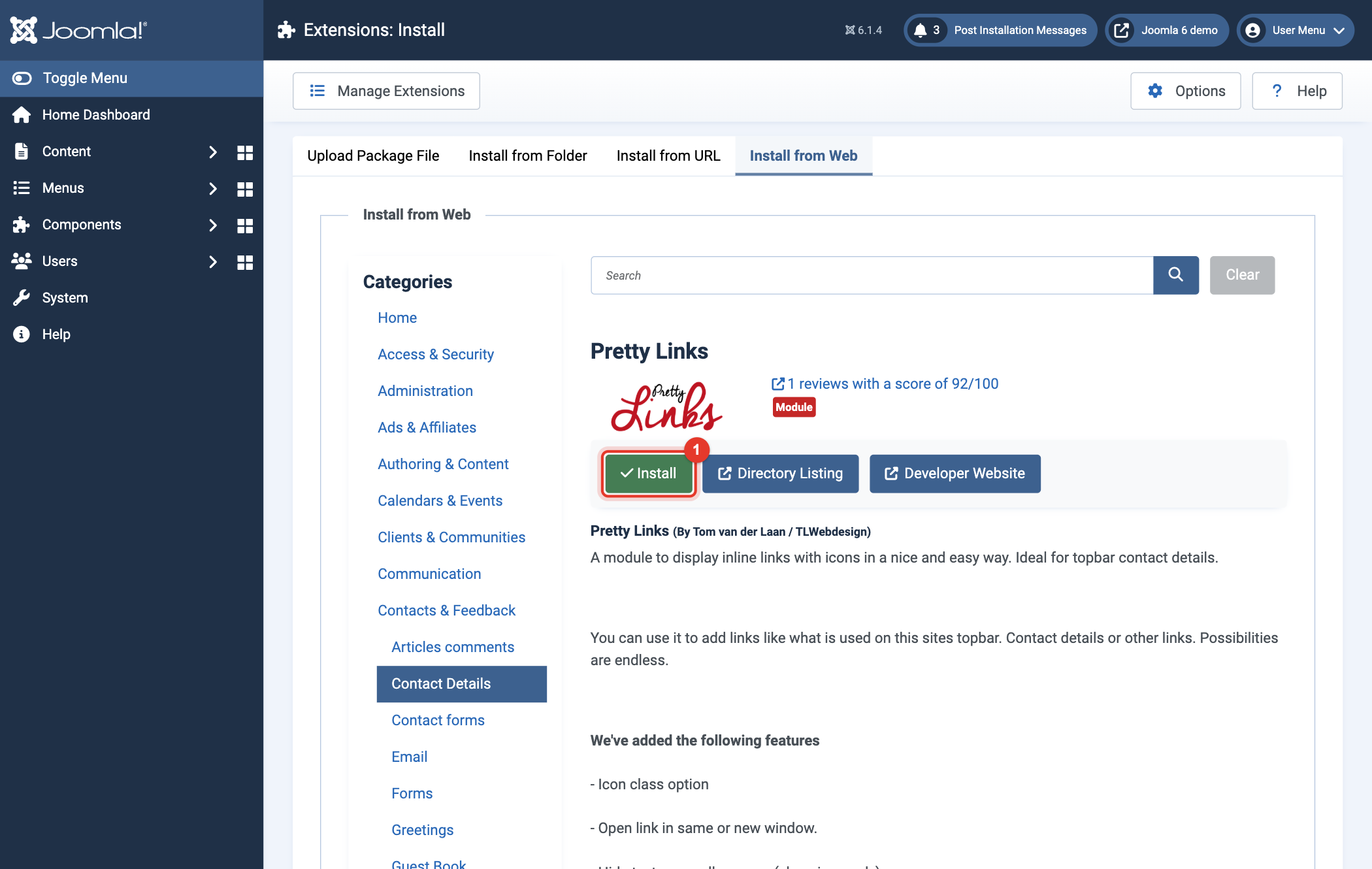 Joomla 6 Install from Web, the Install button of Pretty Links