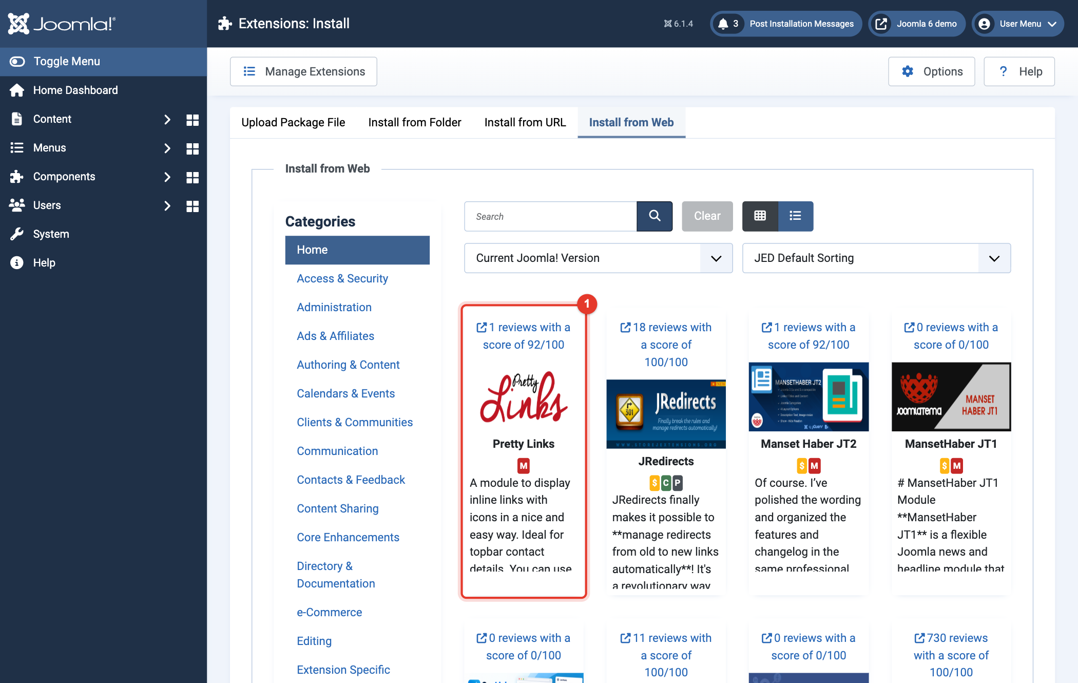 Joomla 6 Install from Web, Pretty Links in the results