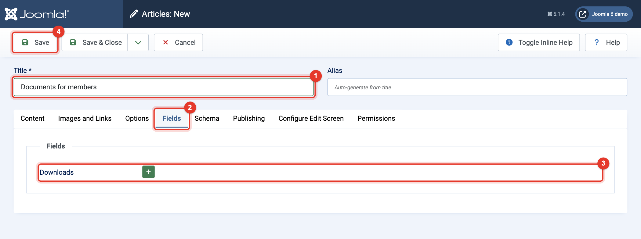 A new article with the field Downloads on the tab Fields