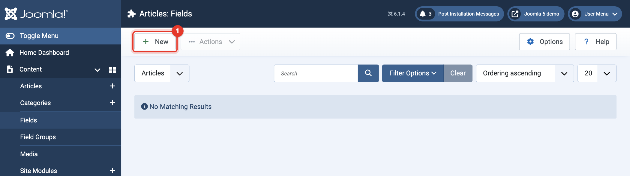 Joomla 6 Articles: Fields, the New button