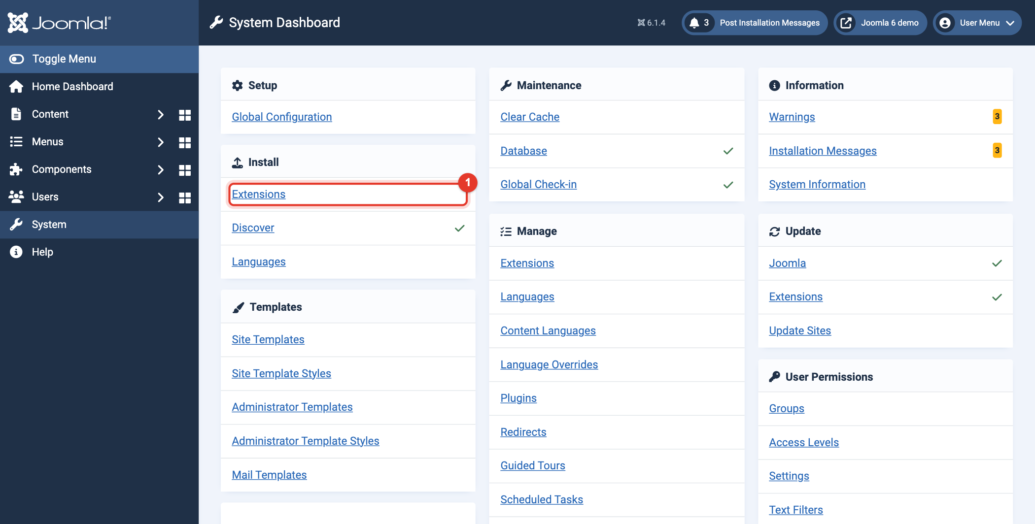 Joomla 6 System Dashboard, Install, Extensions