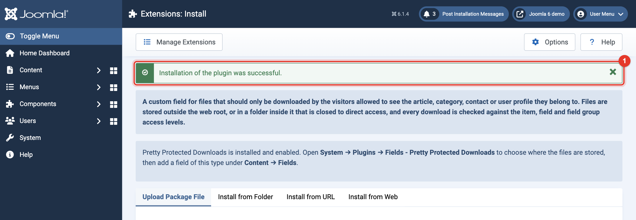 Joomla 6 message: installation of the plugin was successful