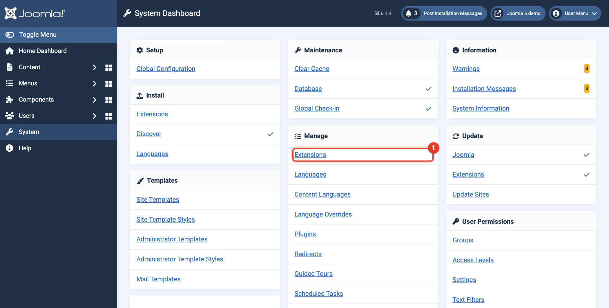 Joomla 6 System Dashboard, Manage, Extensions