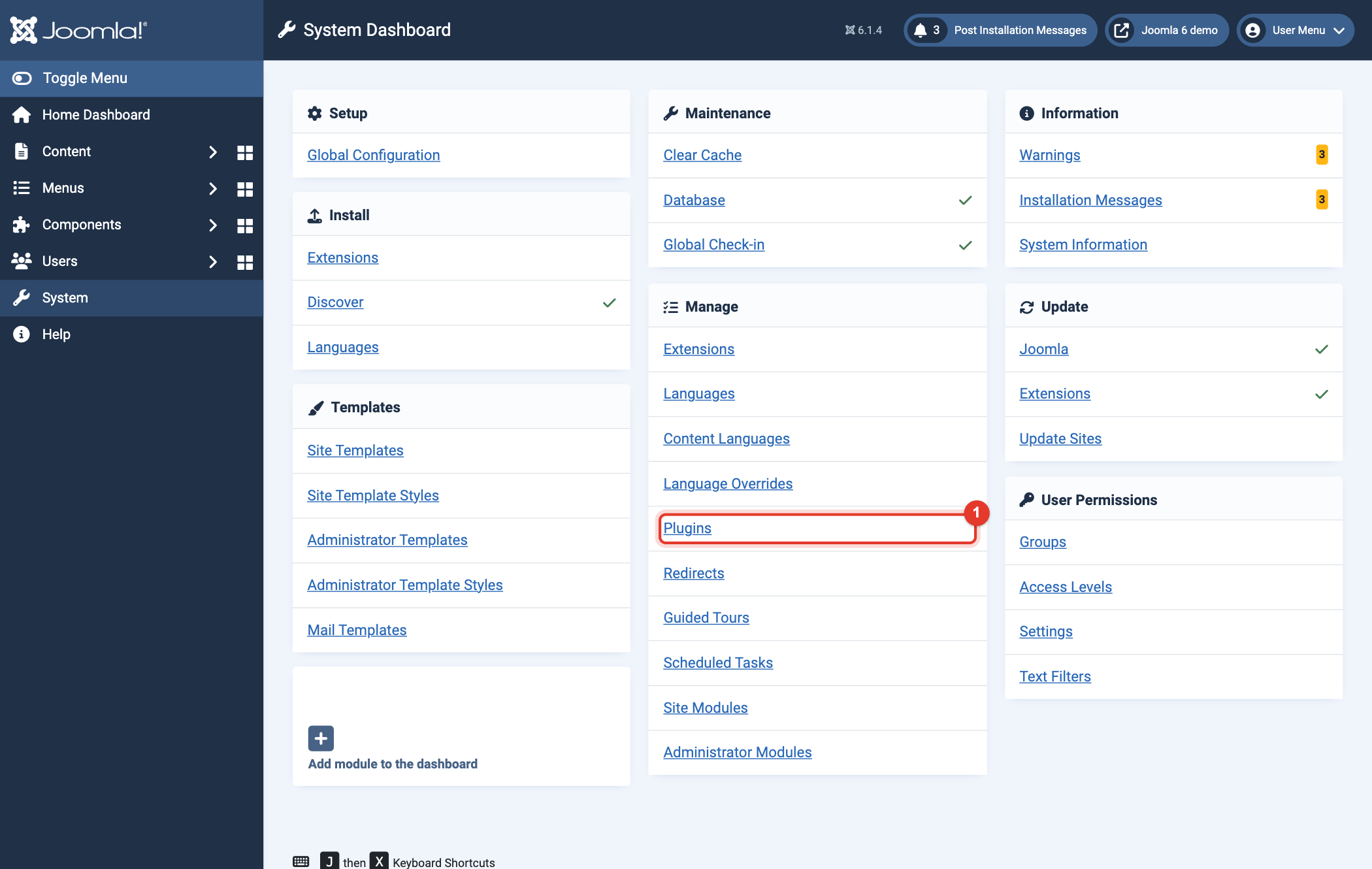 Joomla 6 System Dashboard, Manage, Plugins