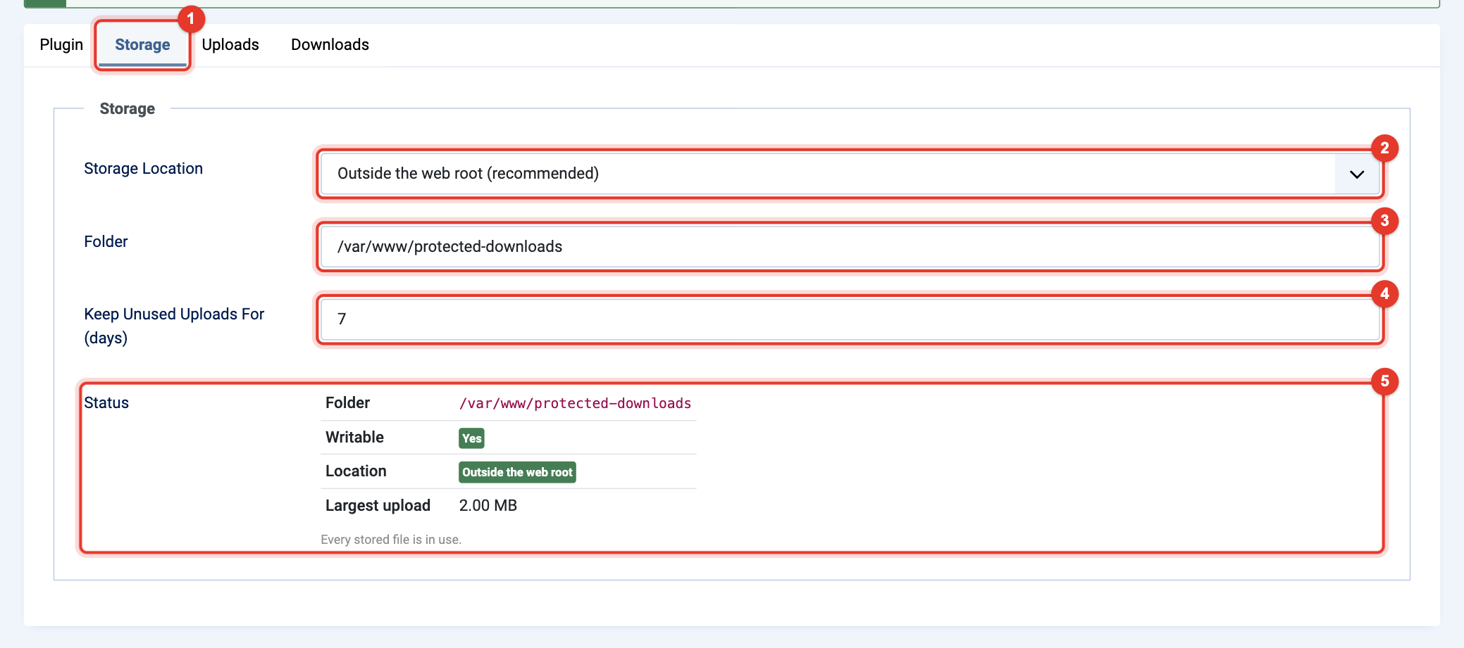 Plugin Pretty Protected Downloads: tab Storage with the status