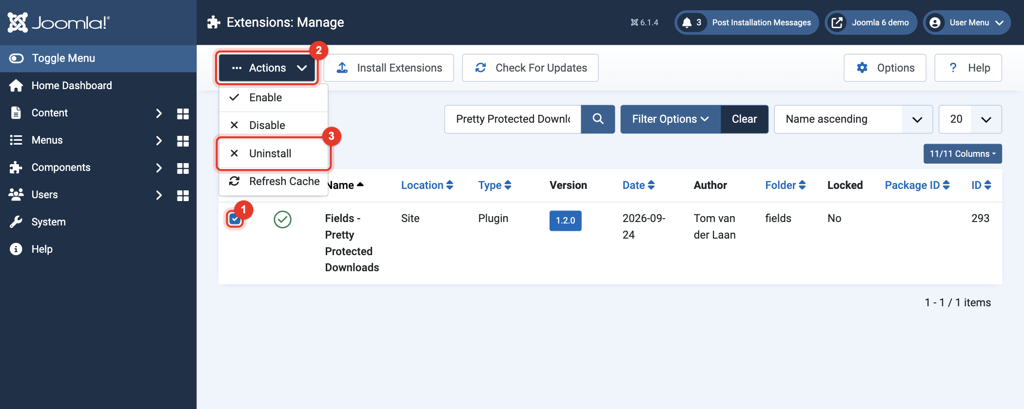 Joomla 6 Extensions: Manage, Actions, Uninstall