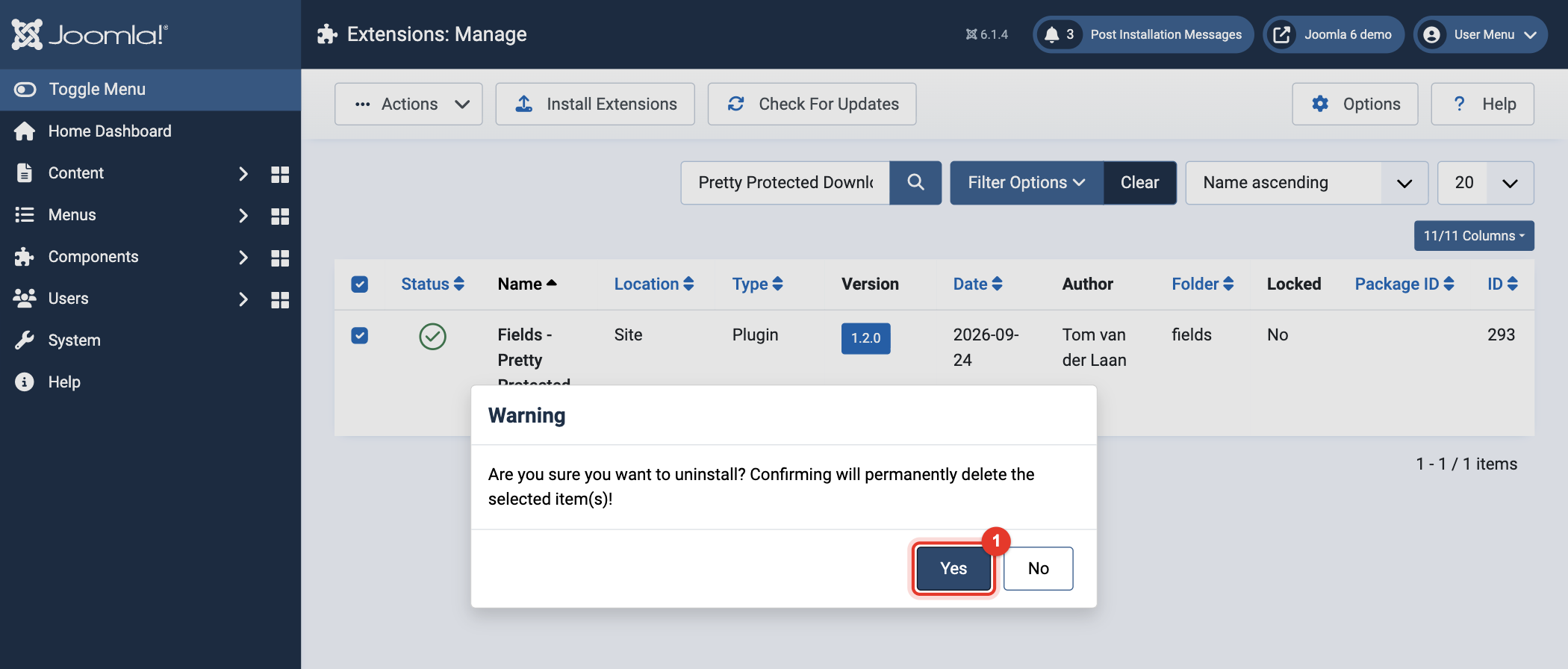 Joomla 6 warning: are you sure you want to uninstall