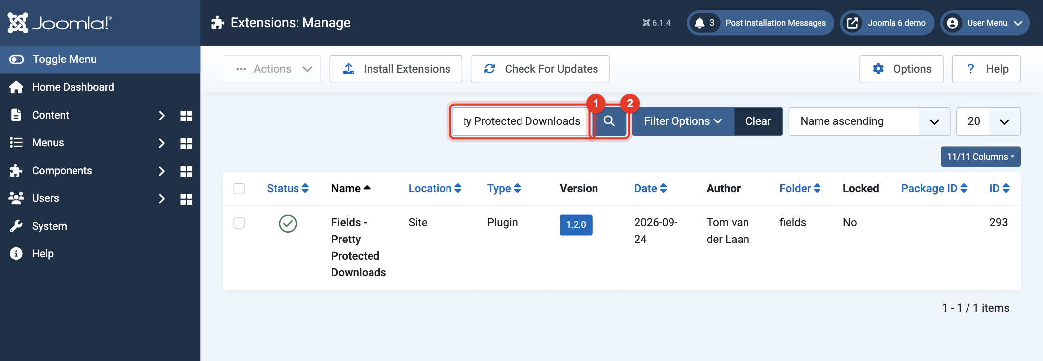 Joomla 6 Extensions: Manage, searching for Pretty Protected Downloads