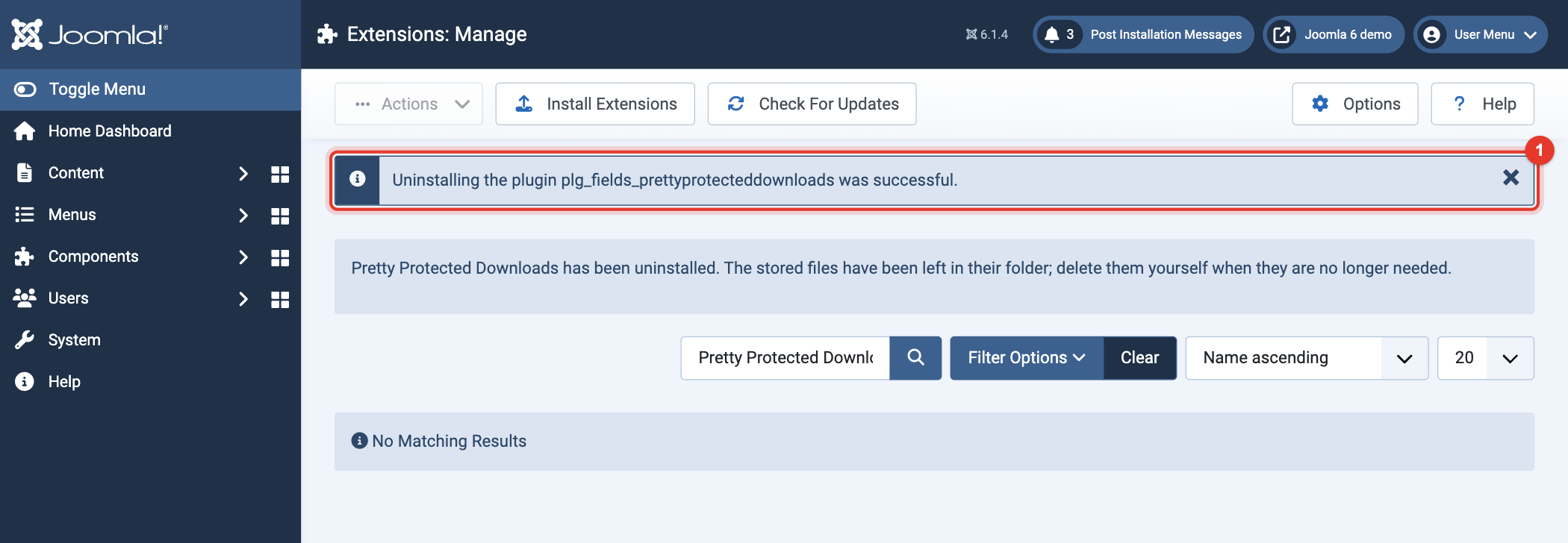 Joomla 6 message: uninstalling the plugin was successful