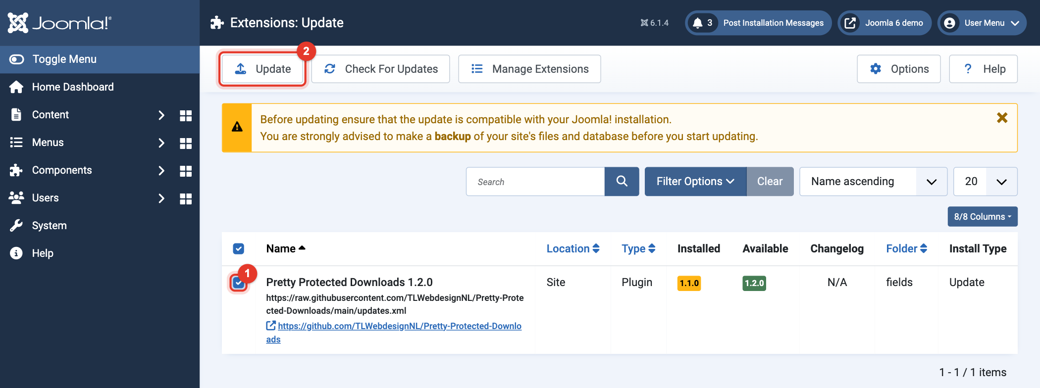 Joomla 6 Extensions: Update with Pretty Protected Downloads ticked