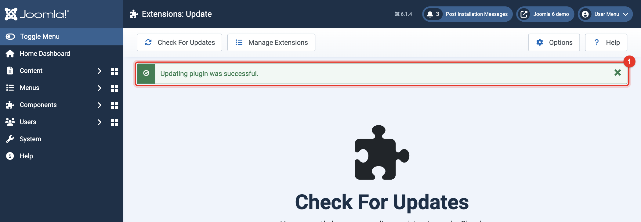 Joomla 6 message: updating plugin was successful