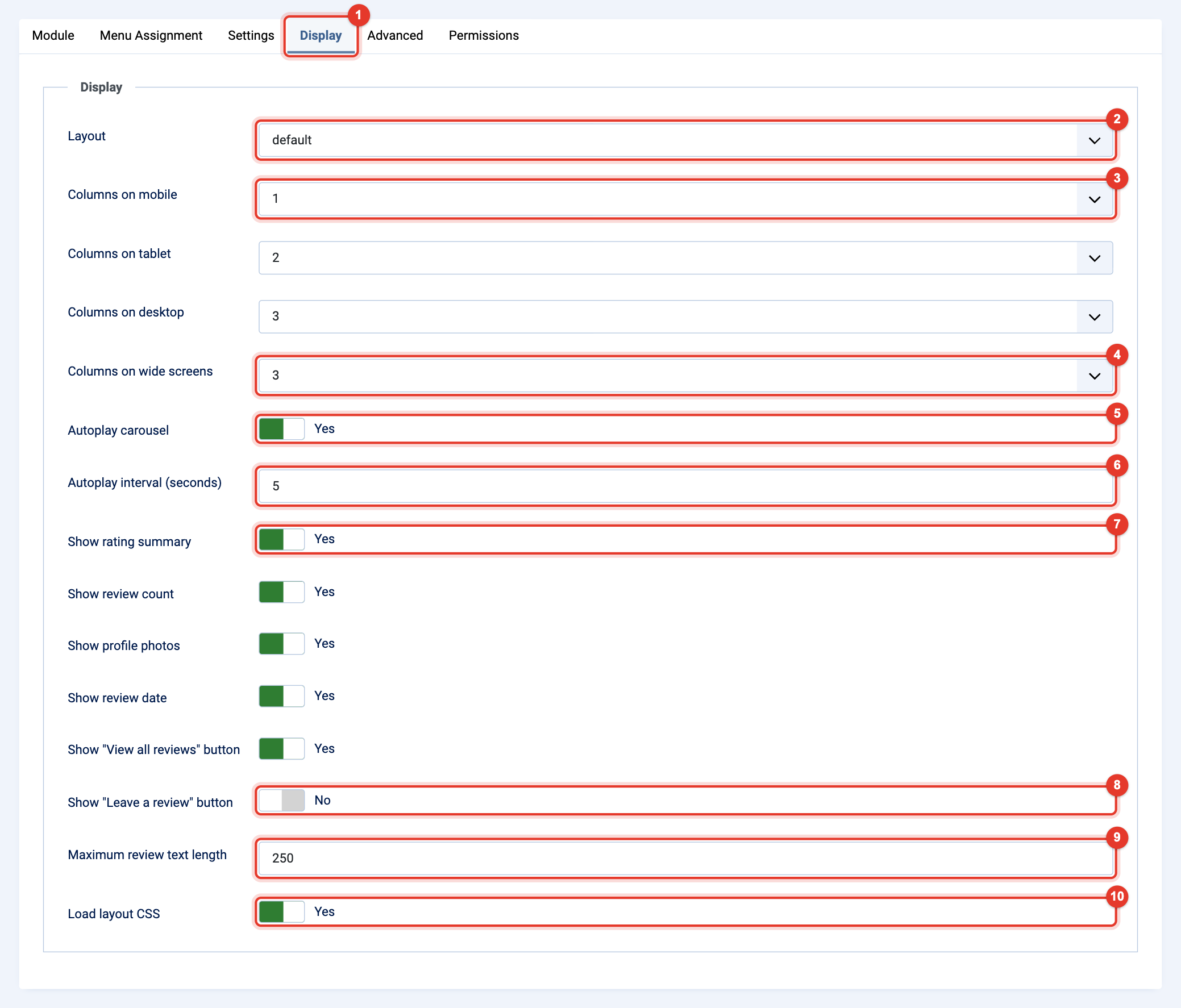 Module Pretty Reviews: tab Display