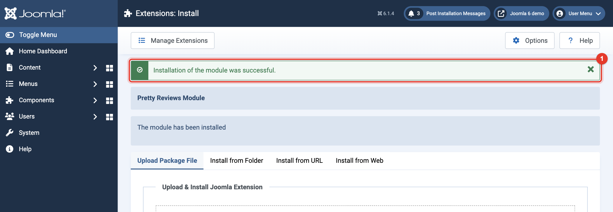 Joomla 6 message: installation of the module was successful