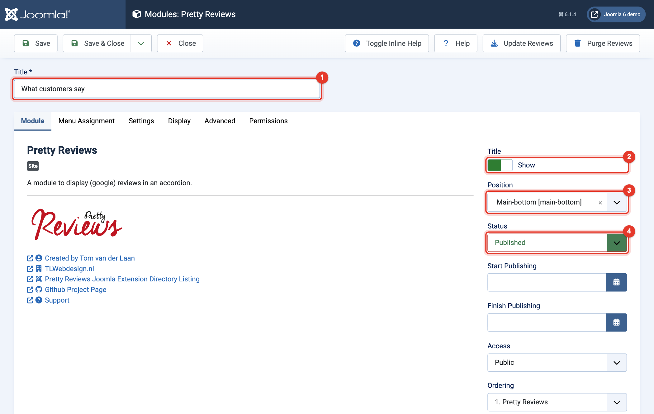 Module Pretty Reviews: title, position and status