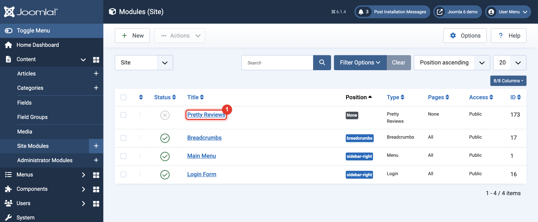 Joomla 6 Site Modules with the new module Pretty Reviews