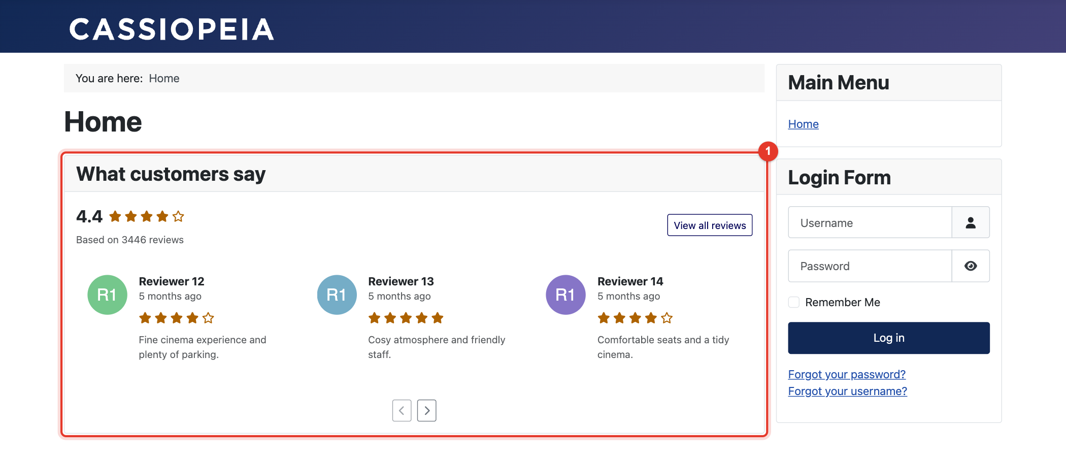 Pretty Reviews on the website with the Cassiopeia template