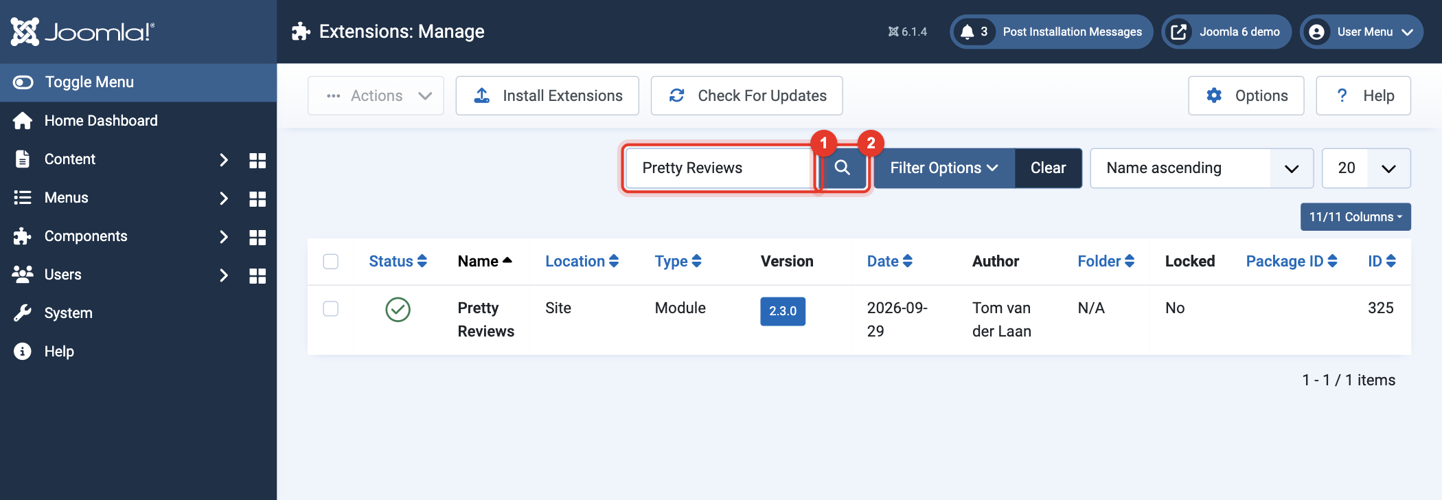 Joomla 6 Extensions: Manage, searching for Pretty Reviews
