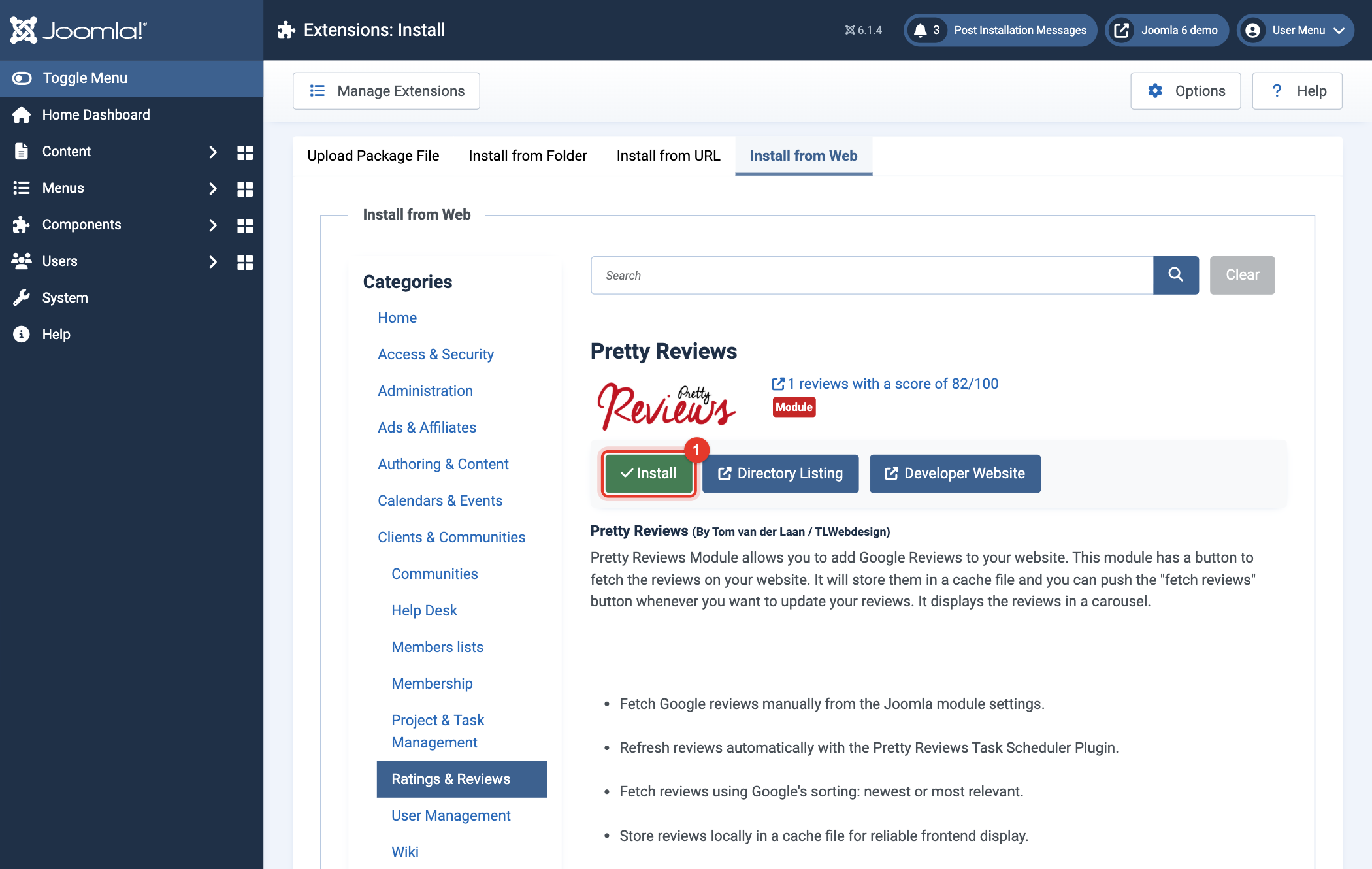 Joomla 6 Install from Web, the Install button of Pretty Reviews