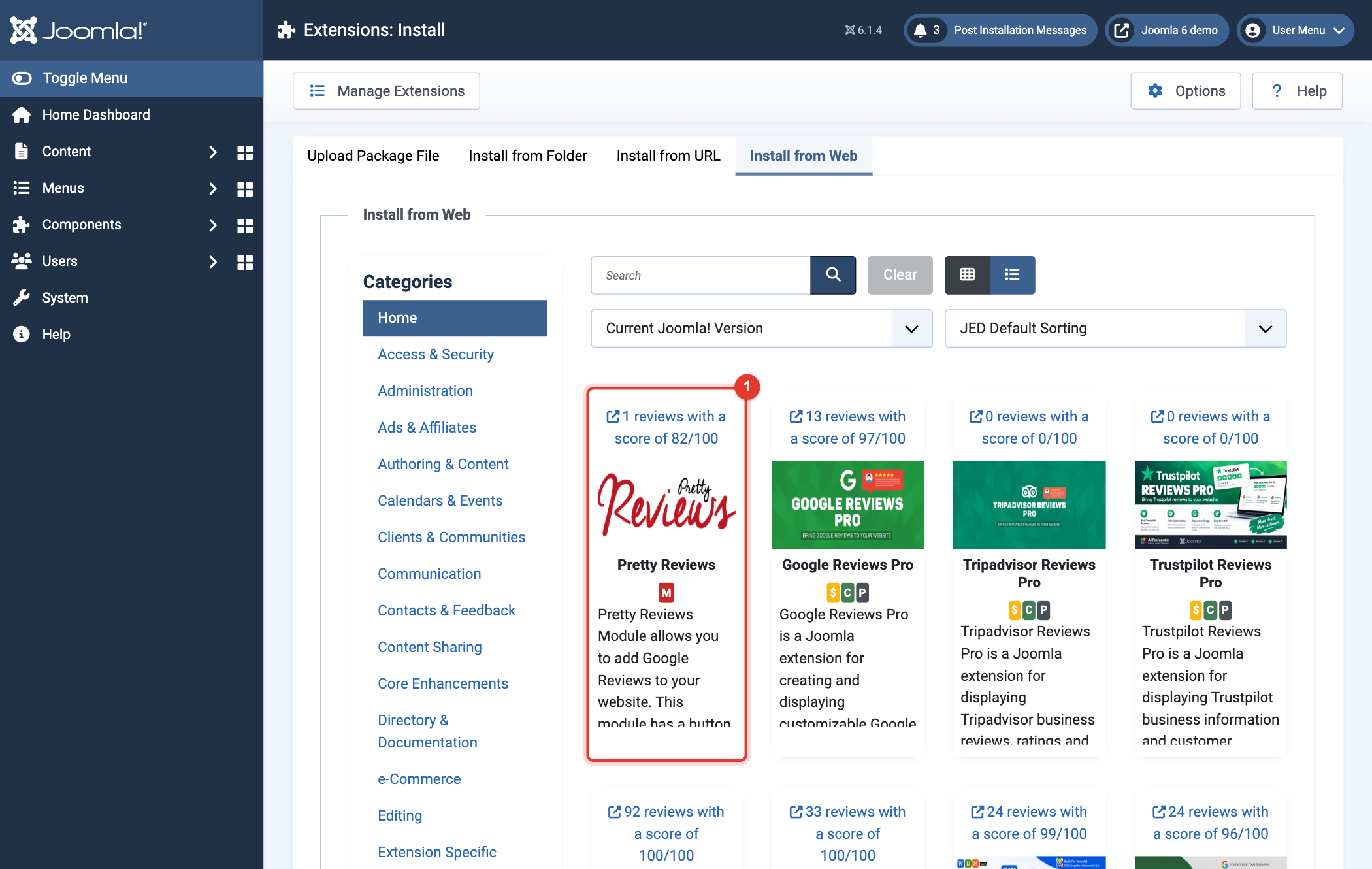 Joomla 6 Install from Web, Pretty Reviews in the results