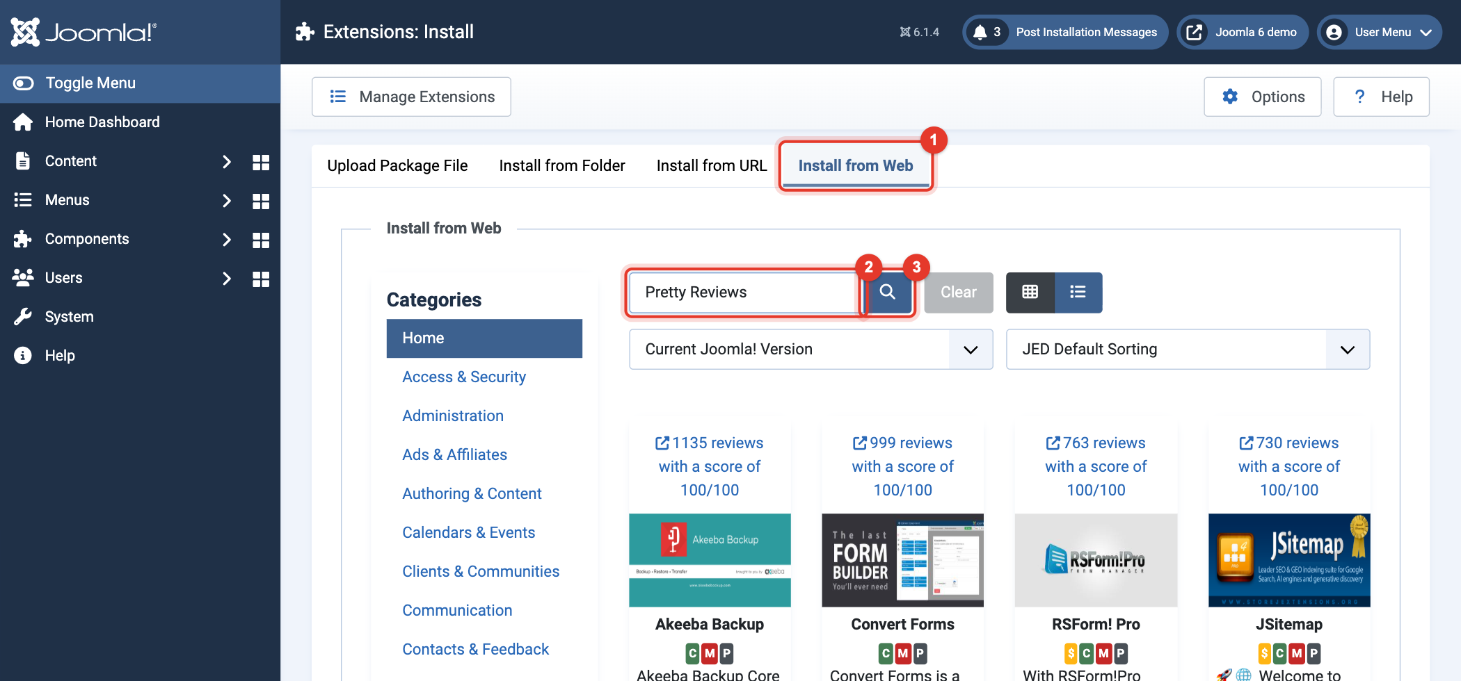 Joomla 6 Install from Web, searching for Pretty Reviews