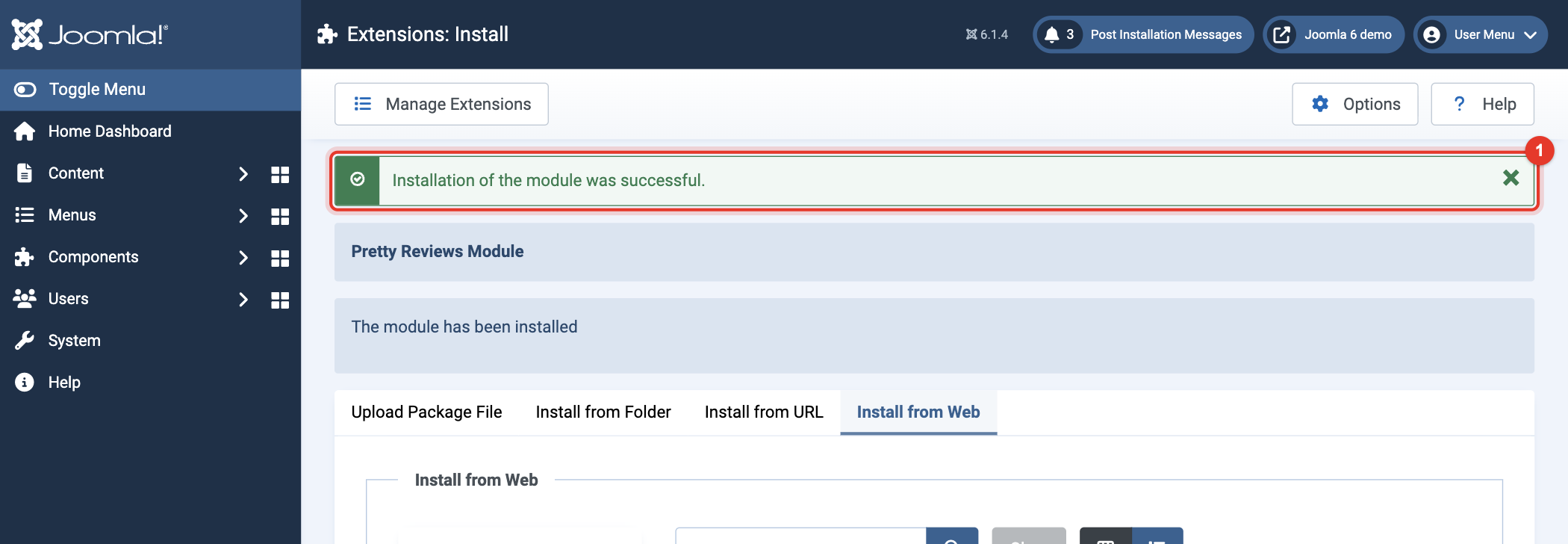 Joomla 6 message: installation of the module was successful