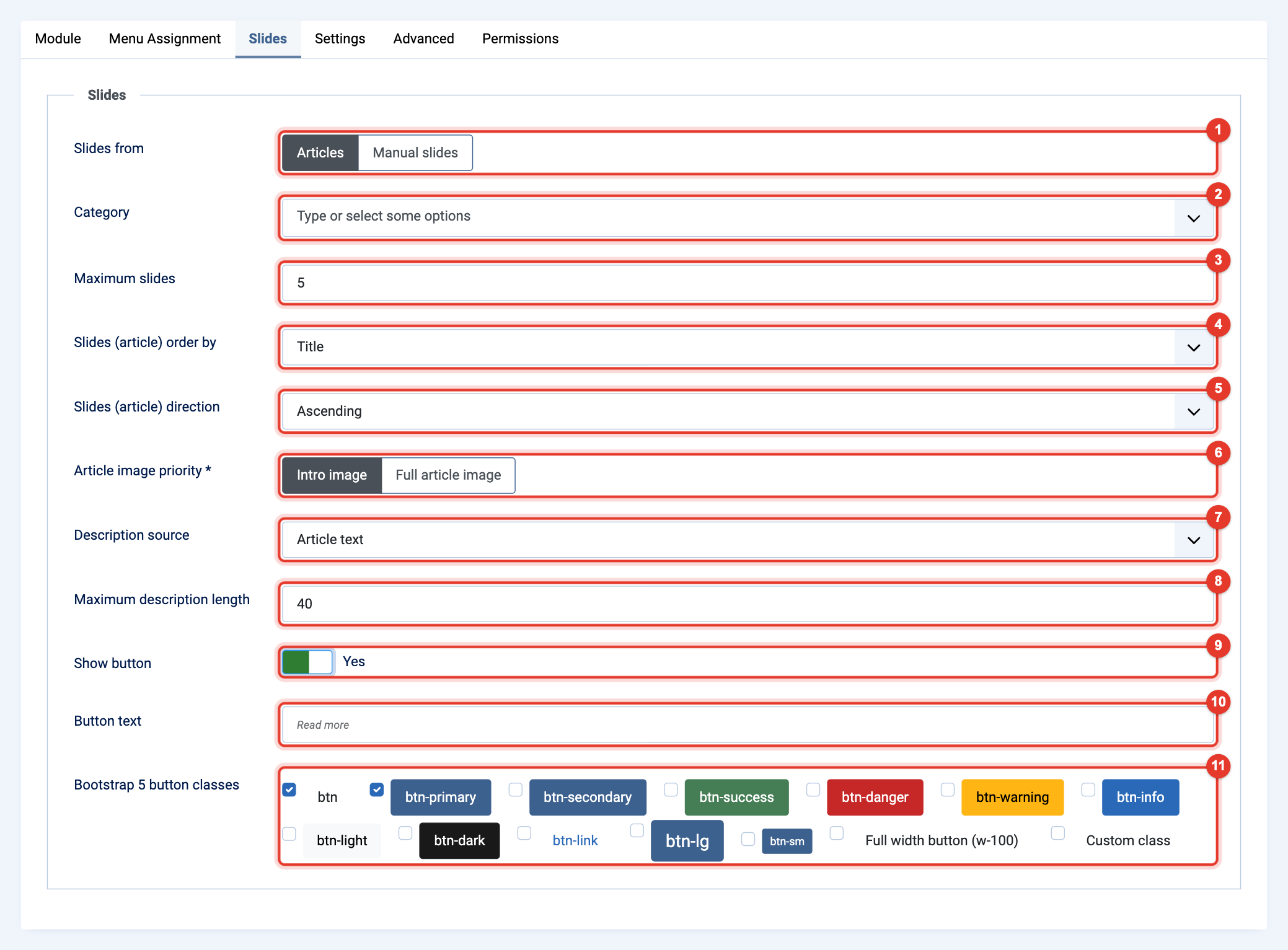 Module Pretty Slider: the settings for slides from articles