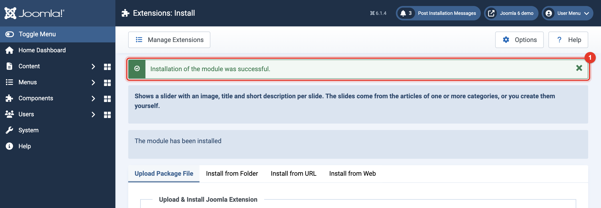 Joomla 6 message: installation of the module was successful
