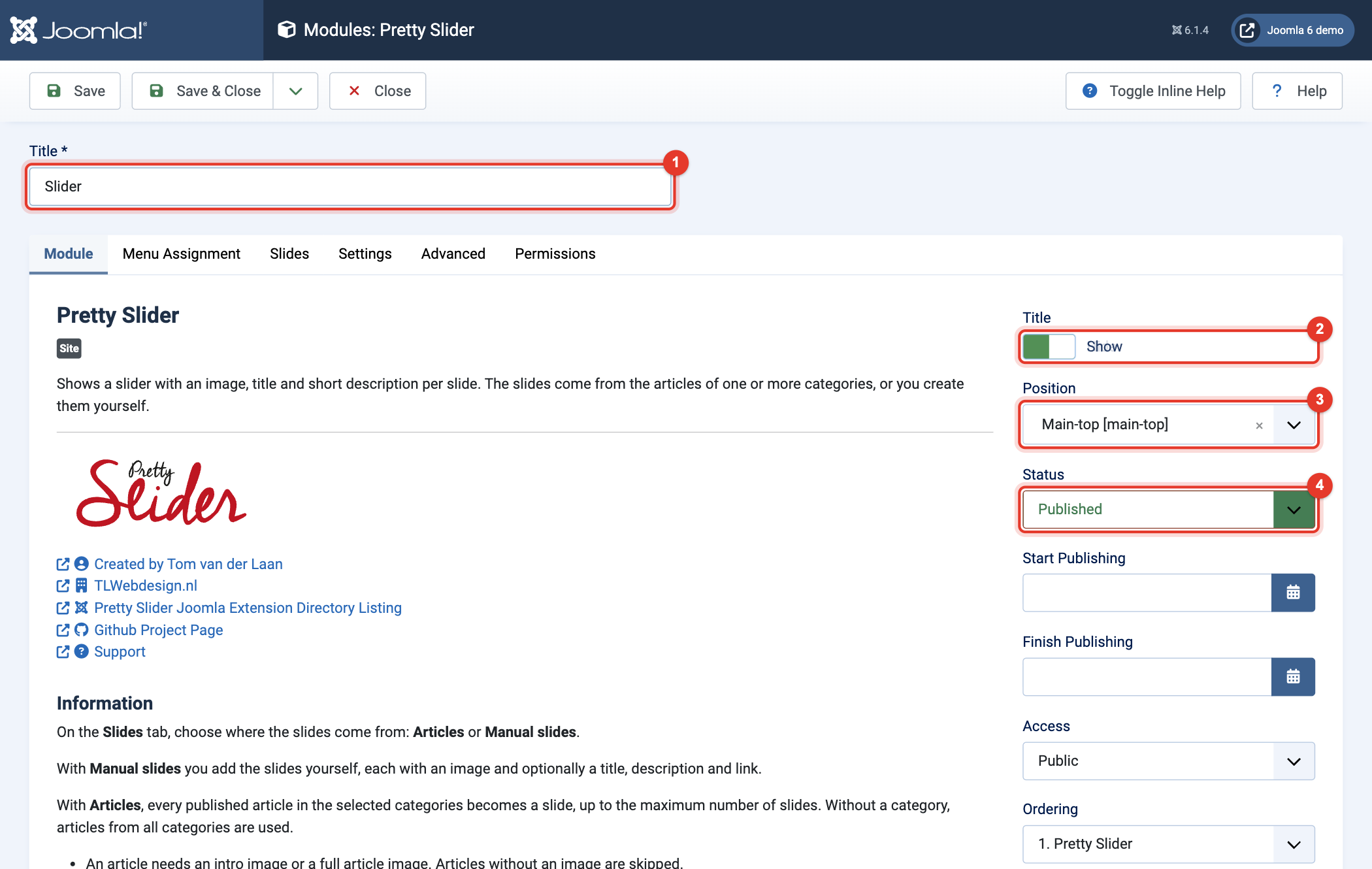 Module Pretty Slider: title, position and status