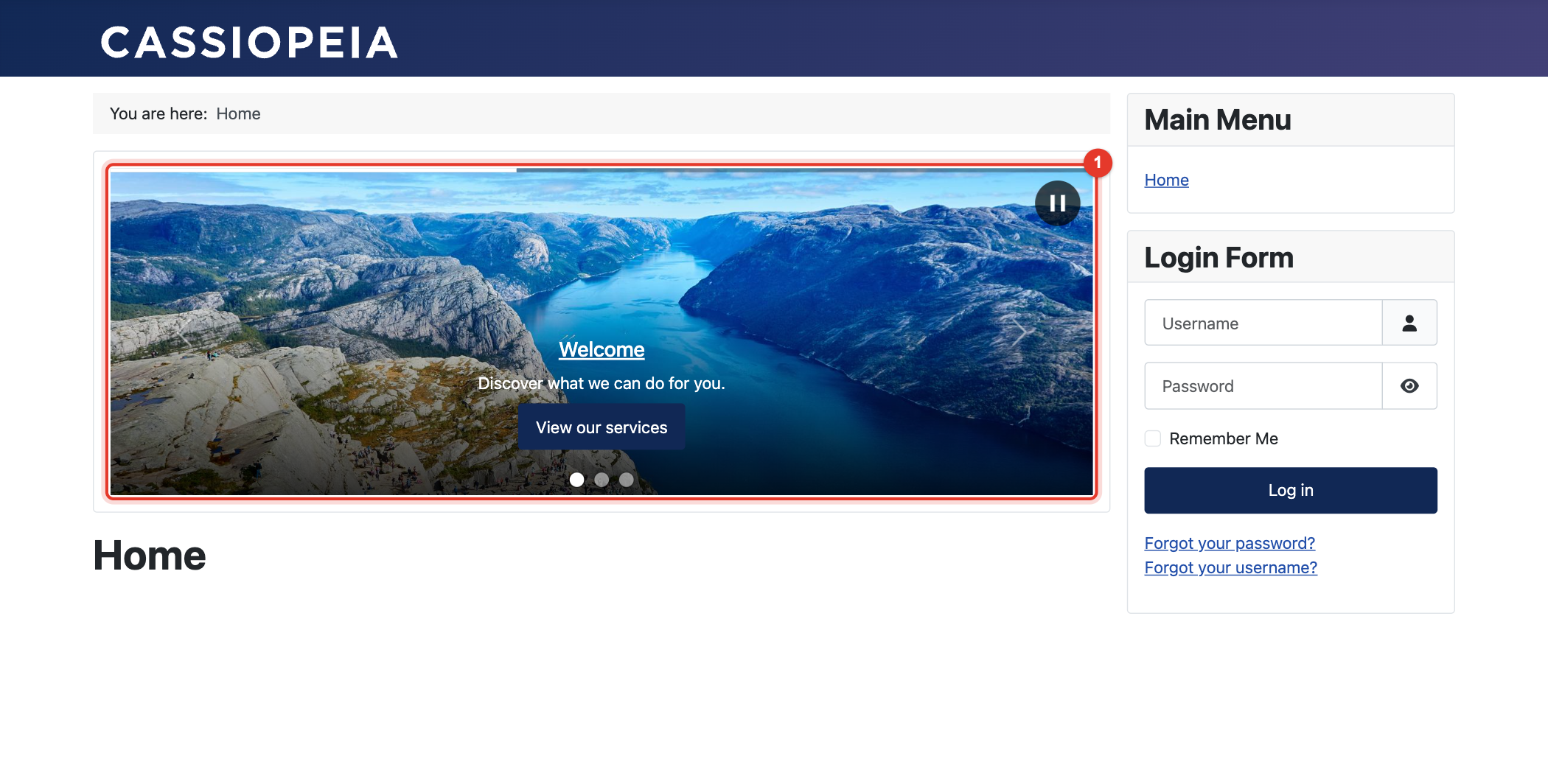 Pretty Slider on the website with the Cassiopeia template