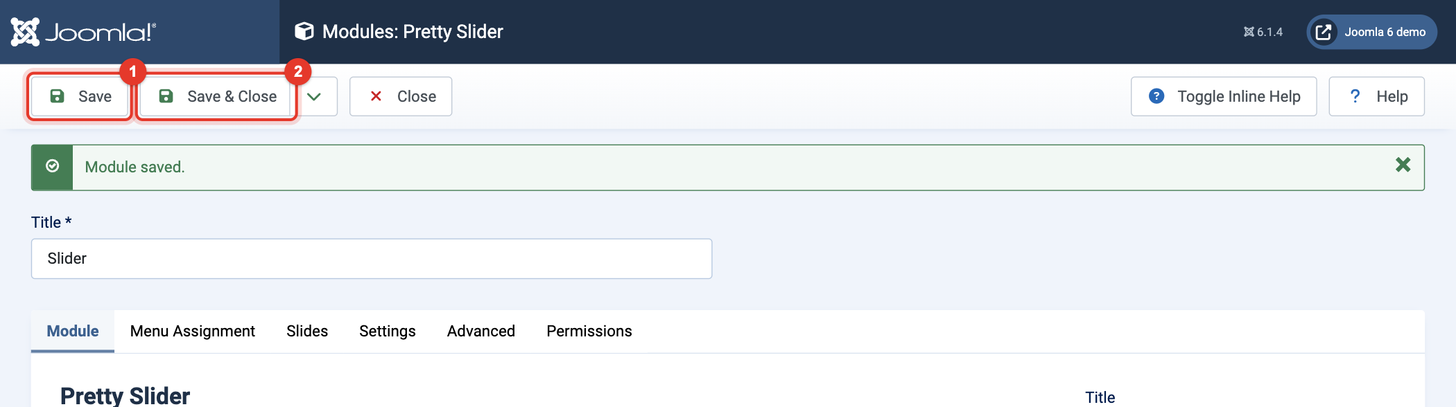 Module Pretty Slider: Save and Save & Close