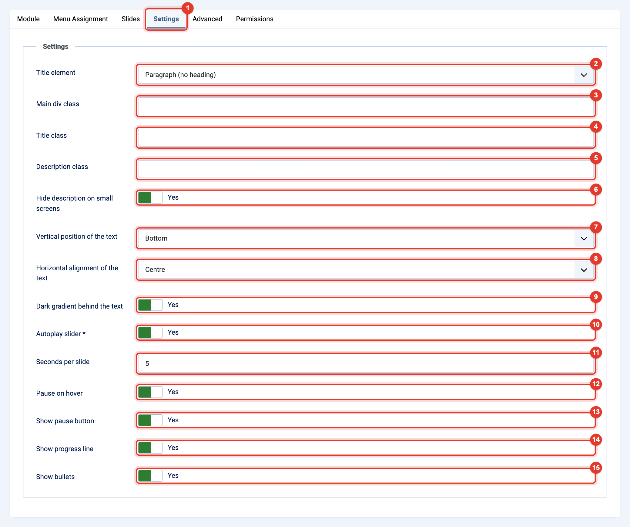 Module Pretty Slider: tab Settings