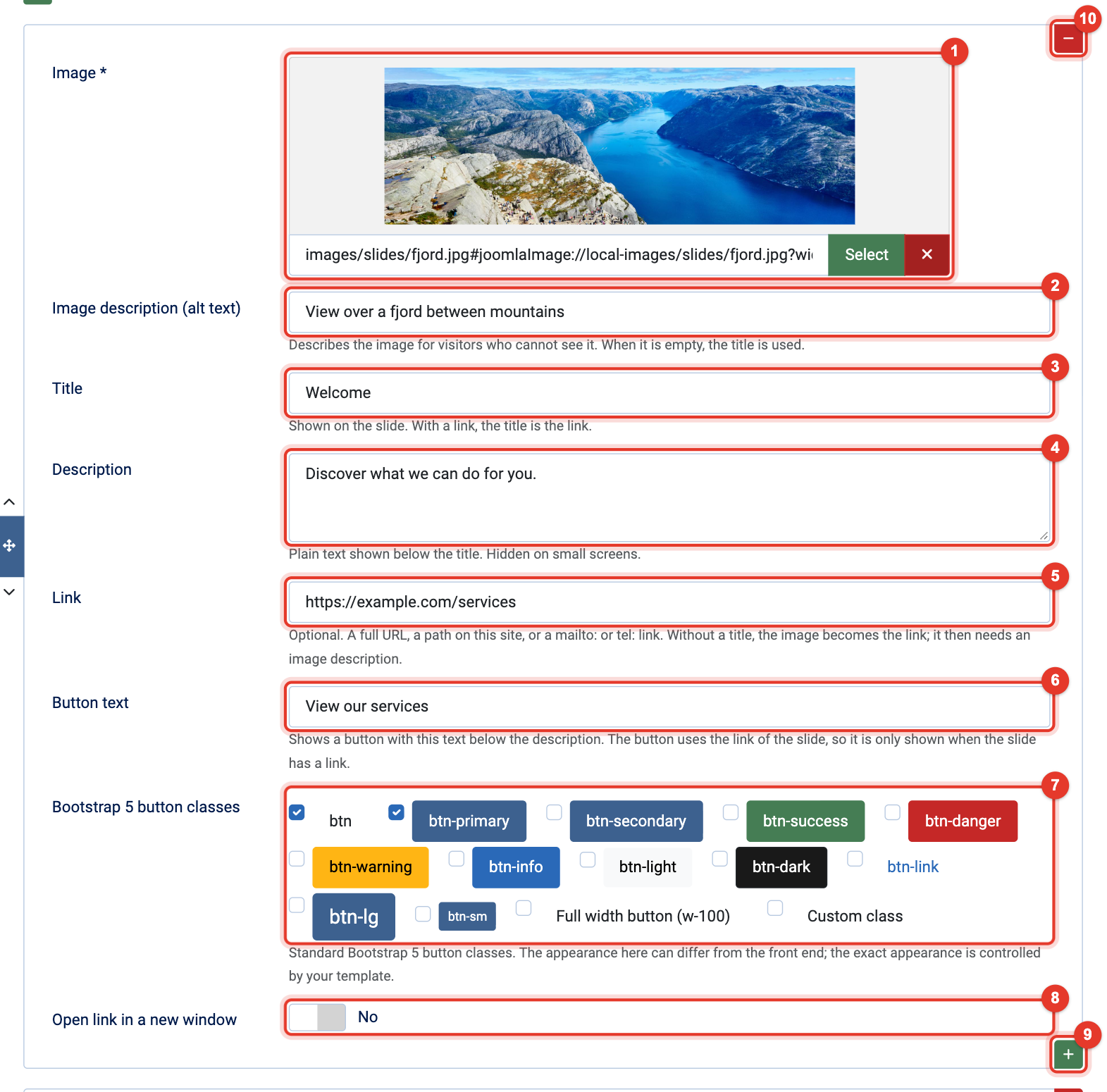 Module Pretty Slider: the fields of one slide