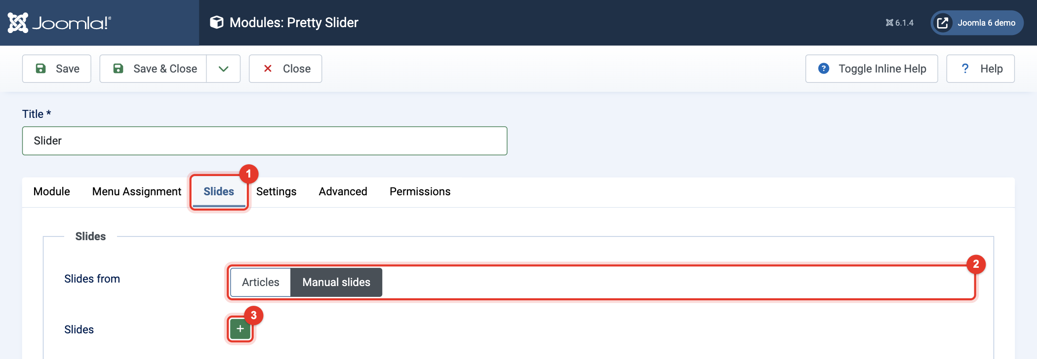 Module Pretty Slider: tab Slides, the source of the slides