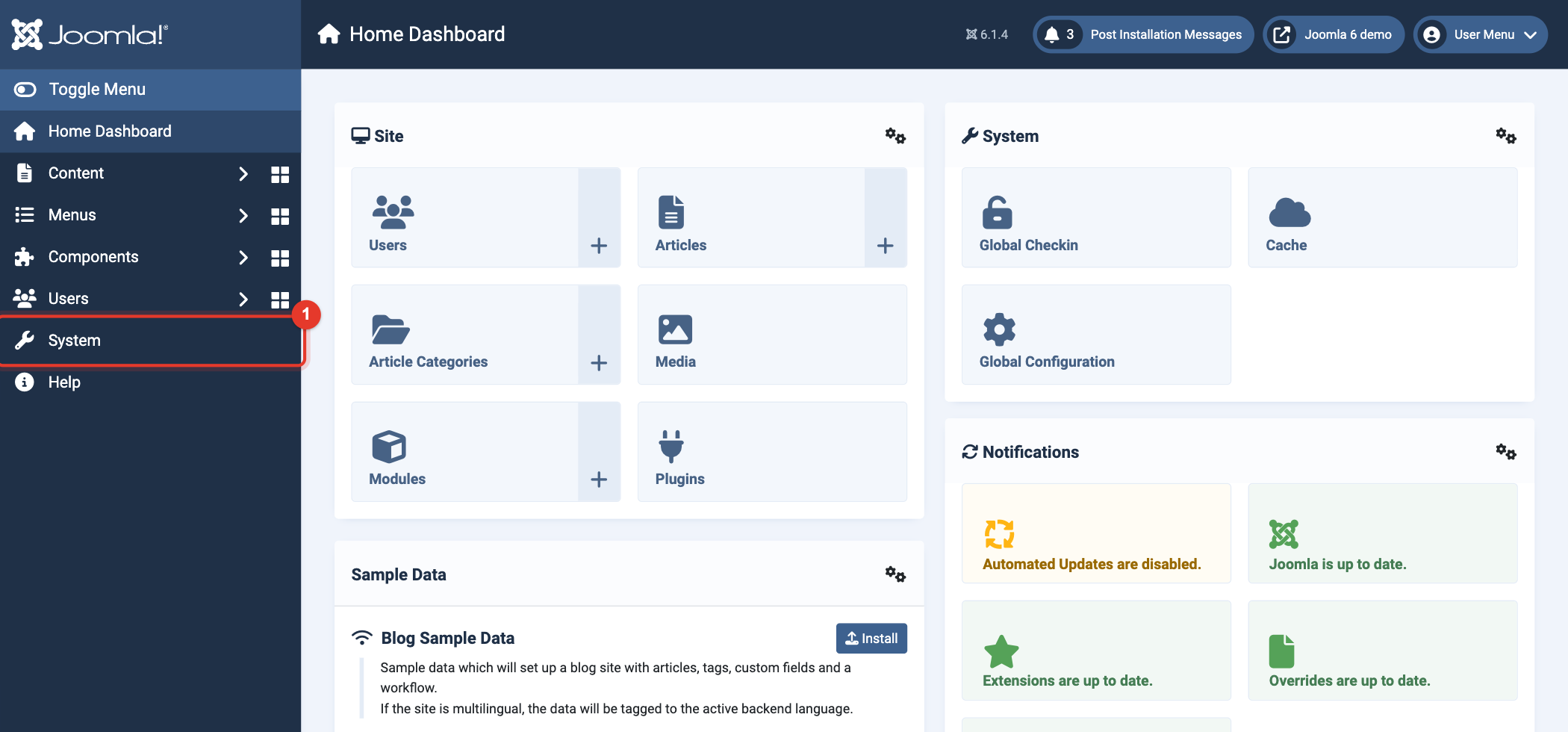 Joomla 6 Home Dashboard, menu item System