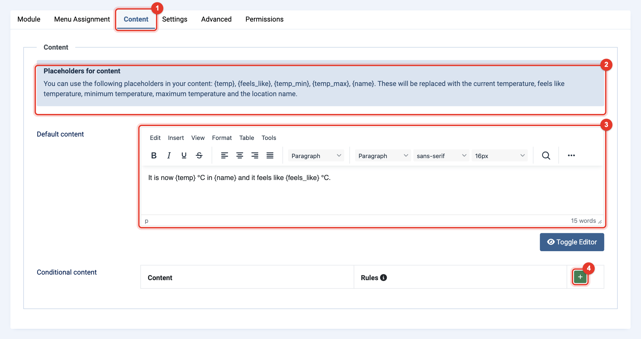 Module Pretty Weather: tab Content with the default content