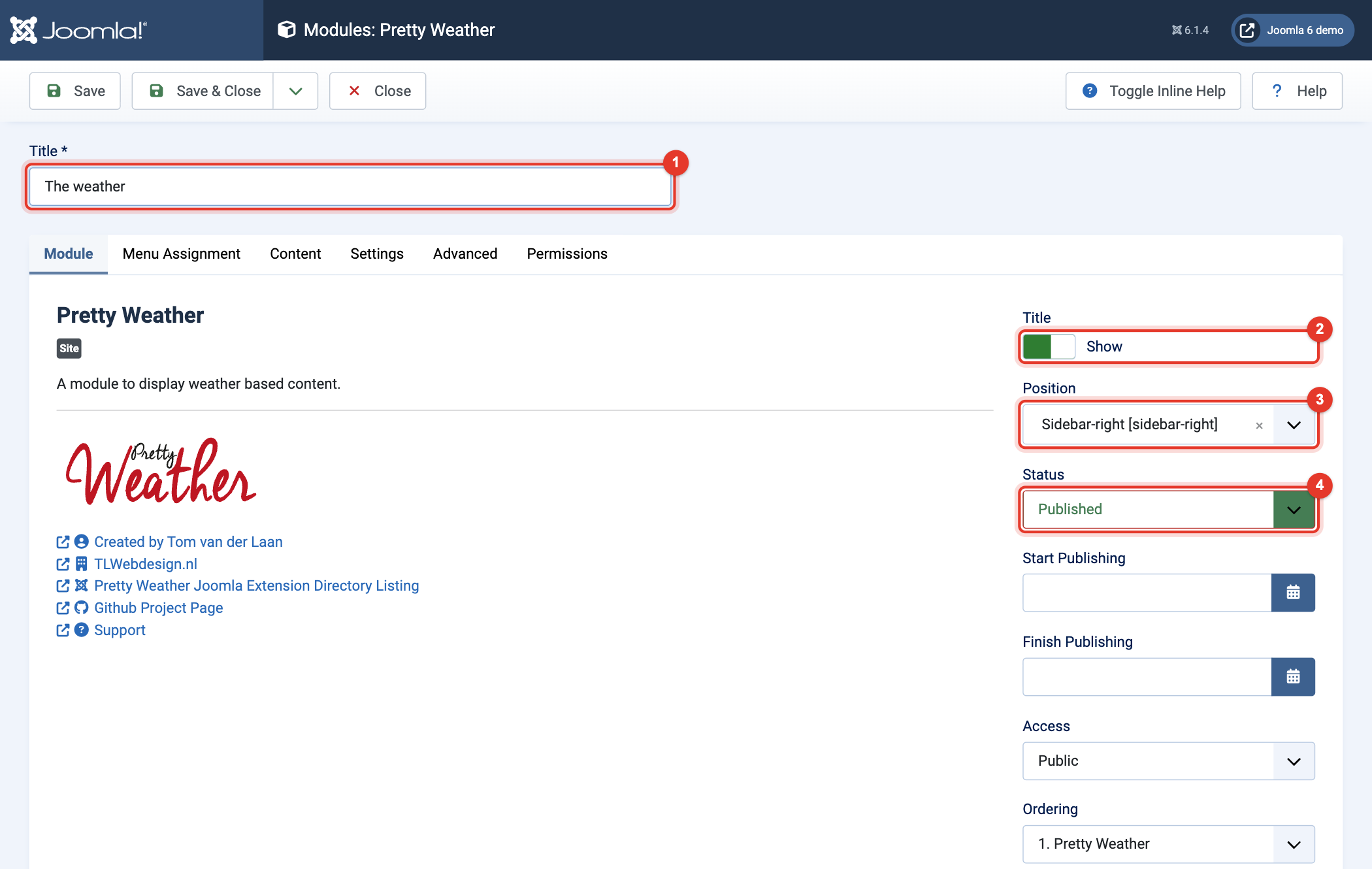 Module Pretty Weather: title, position and status