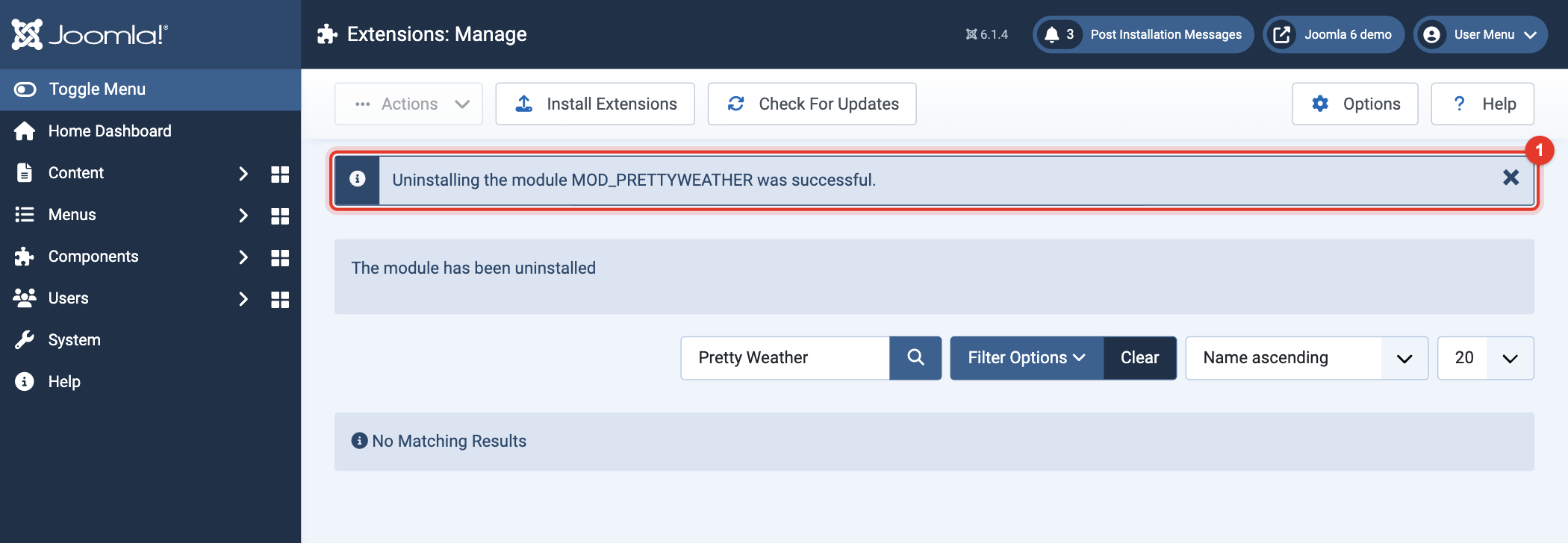 Joomla 6 message: uninstalling the module was successful