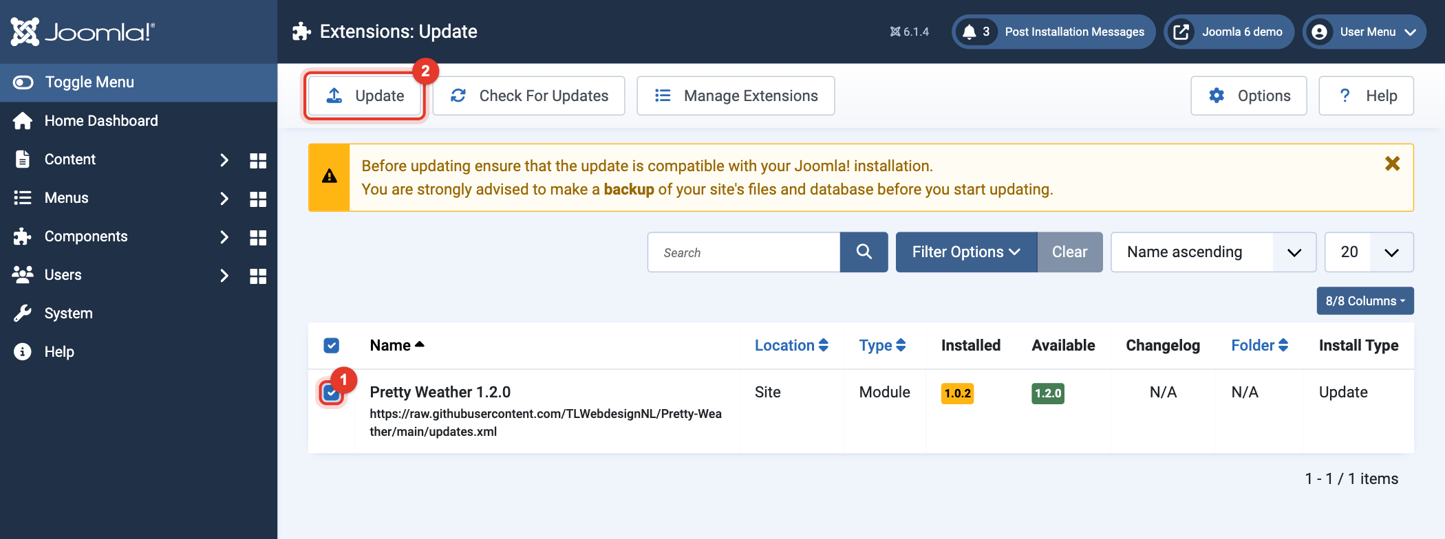 Joomla 6 Extensions: Update with Pretty Weather ticked