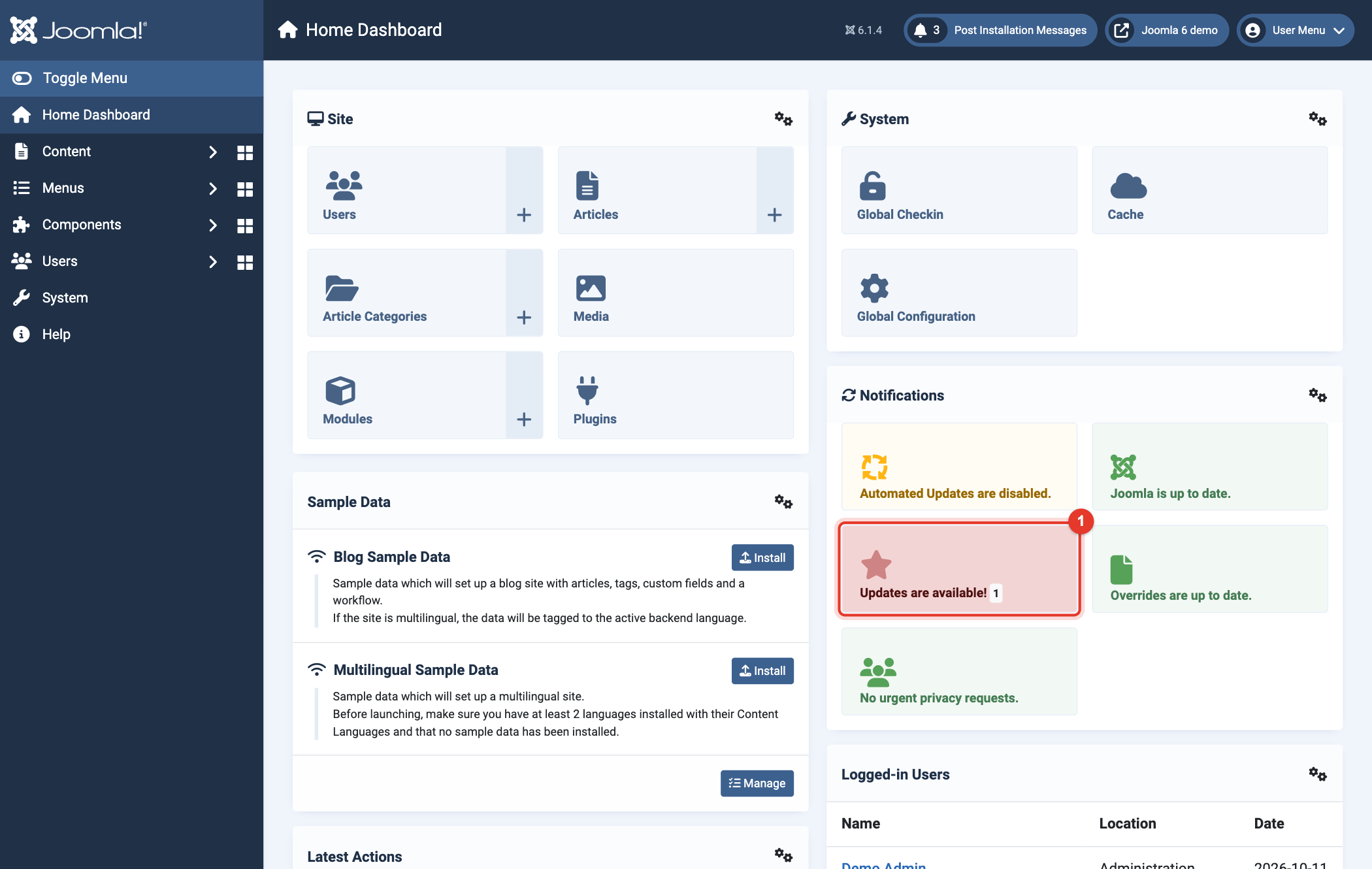 Joomla 6 Home Dashboard: updates are available