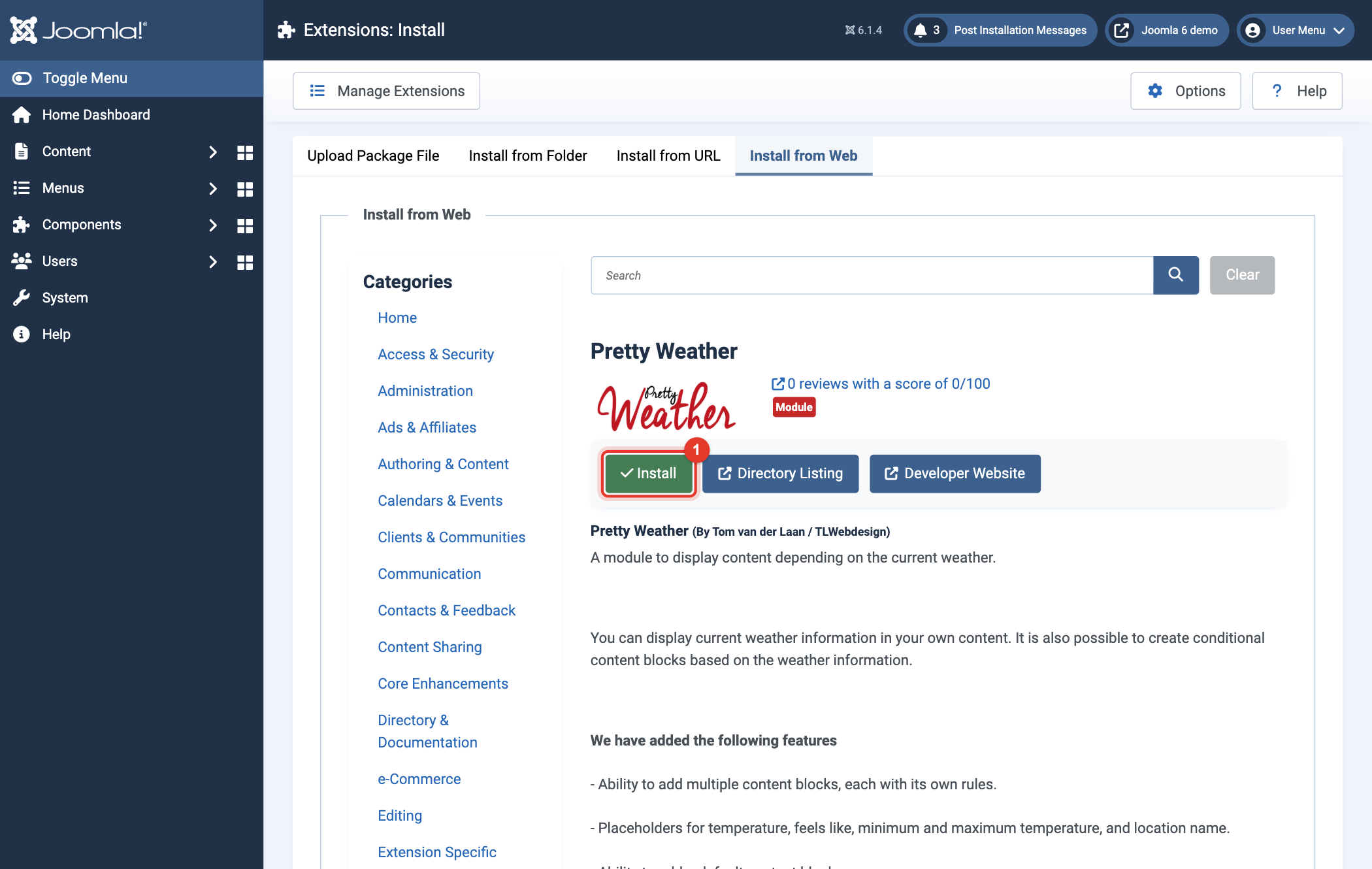 Joomla 6 Install from Web, the Install button of Pretty Weather